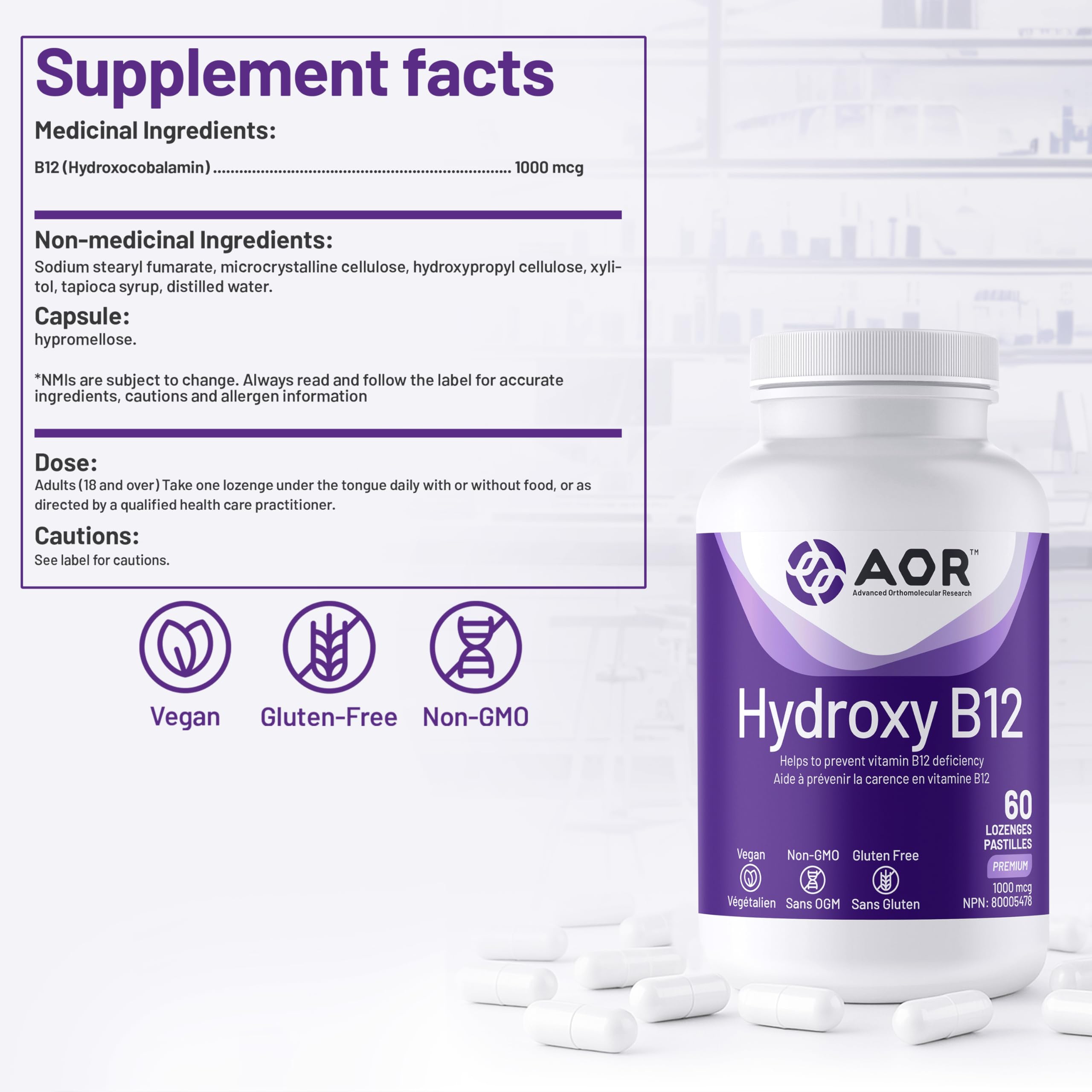 AOR Hydroxy B12 1000mcg, 60 pastilles, approvisionnement de 60 jours – Supplément de vitamine B12 (hydroxocobalamine) pour l'énergie et le soutien métabolique – Soutien optimal du système nerveux – Végétalien, sans OGM et sans gluten