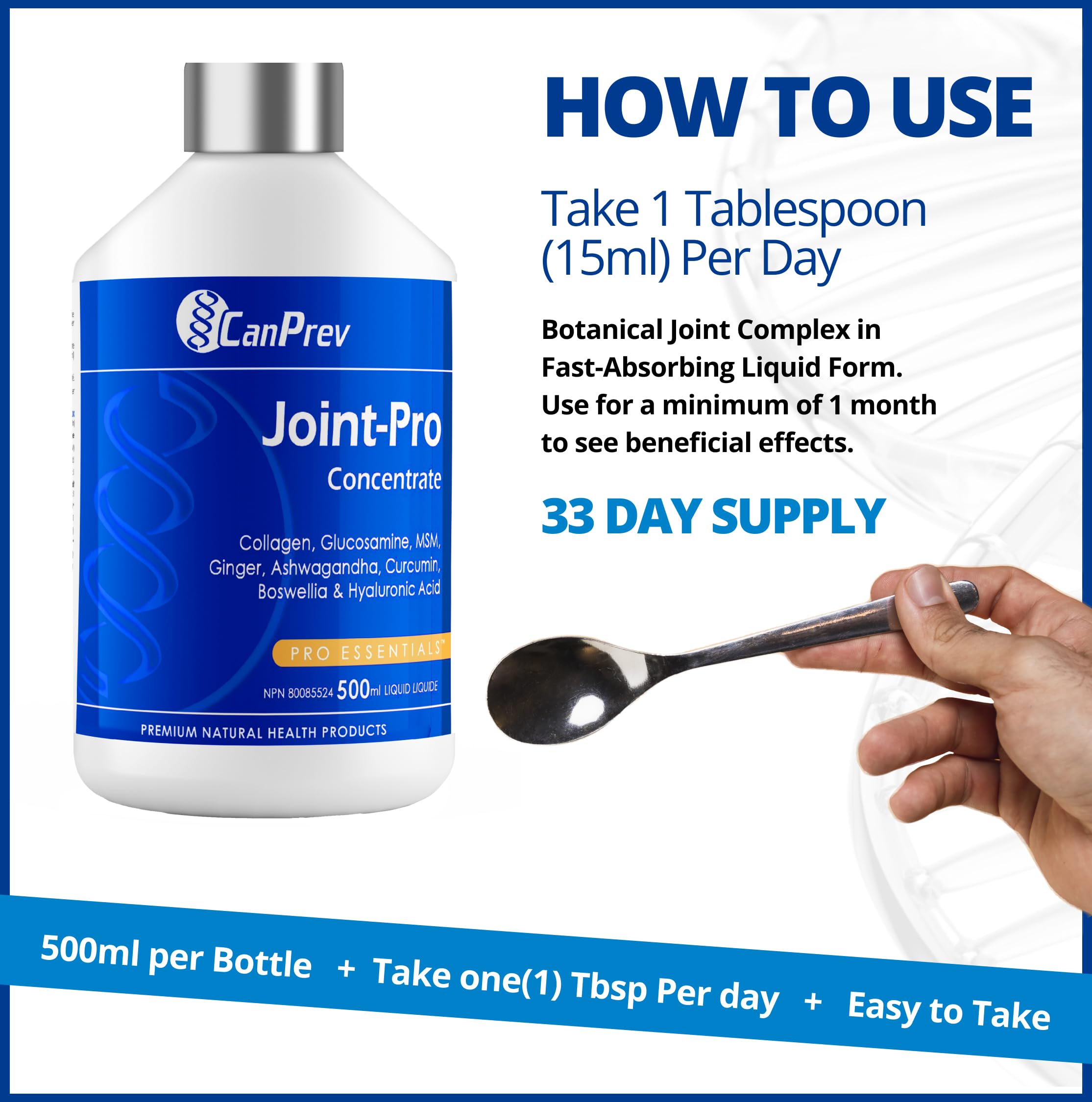 CanPrev Joint-Pro Concentré liquide 500 ml Approvisionnement de 33 jours - Soutien articulaire avancé avec collagène hydrolysé, glucosamine, MSM et ashwagandha, favorise le confort, la mobilité et la flexibilité, supplément de collagène
