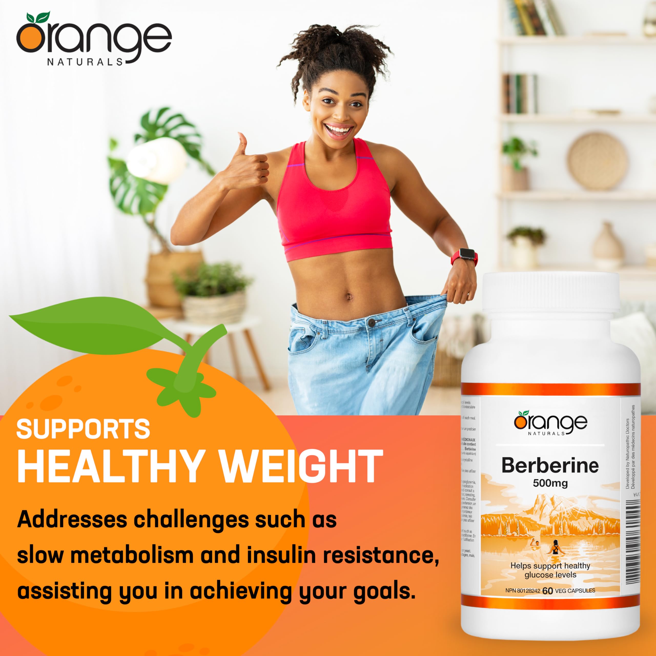 Orange Naturals - Berberine 500mg, 60 gélules (30 jours d'approvisionnement) - La berbérine aide à soutenir des niveaux de glucose sains, des niveaux de cholestérol sains et la santé cardiovasculaire - Végane et sans OGM - Soutien métabolique naturel