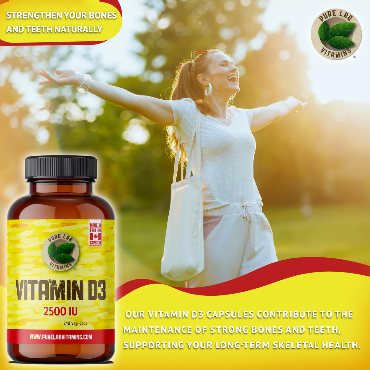 Pure Lab Vitamins | Vitamin D3 2500IU | 240 Capsules | Mood Booster, Bone Health, Teeth Health & Immune System Support | Vitamin D3 Cholecalciferol | Vitamin D3 Capsules | Vitamin D3 Supplement