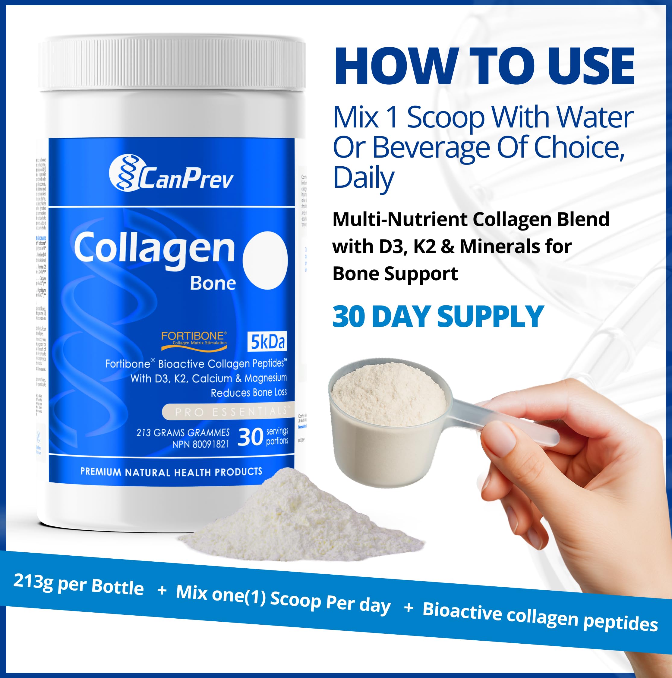 CanPrev Collagène Os, 213g Poudre 30 Portions, Peptides de collagène bioactifs Fortibone avec D3, K2, Calcium & Magnésium - Hydrolysé pour une absorption améliorée, Soutient des os solides, Sans OGM & Sans gluten