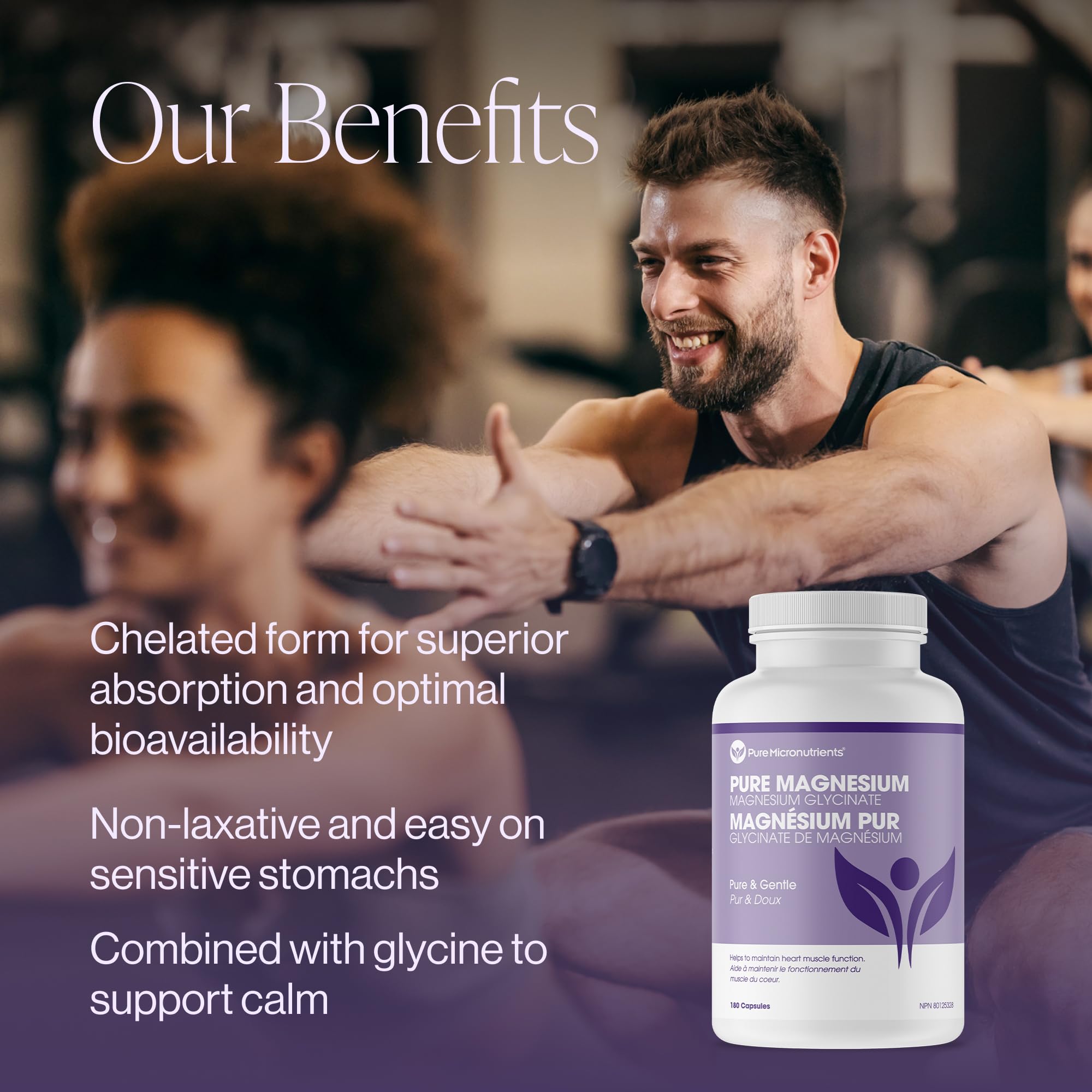 Supplément de glycinate de magnésium (chélate) Pure Micronutrients 200 mg, 180 gélules