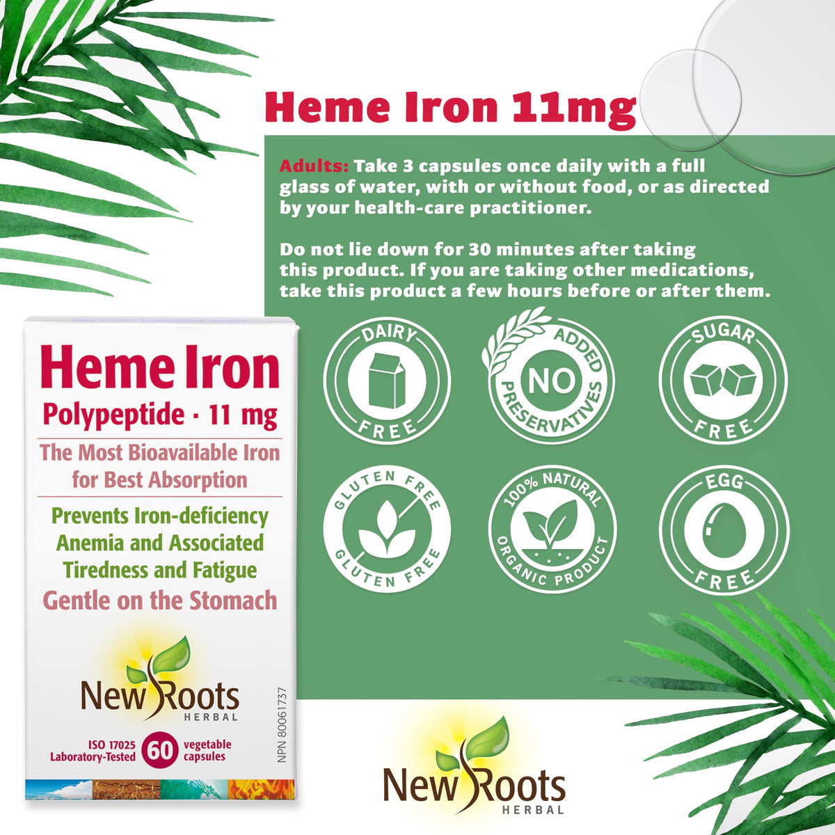 New Roots Herbal Heme Iron Capsules, Vitamin C, B12, Folate, 60 Capsules