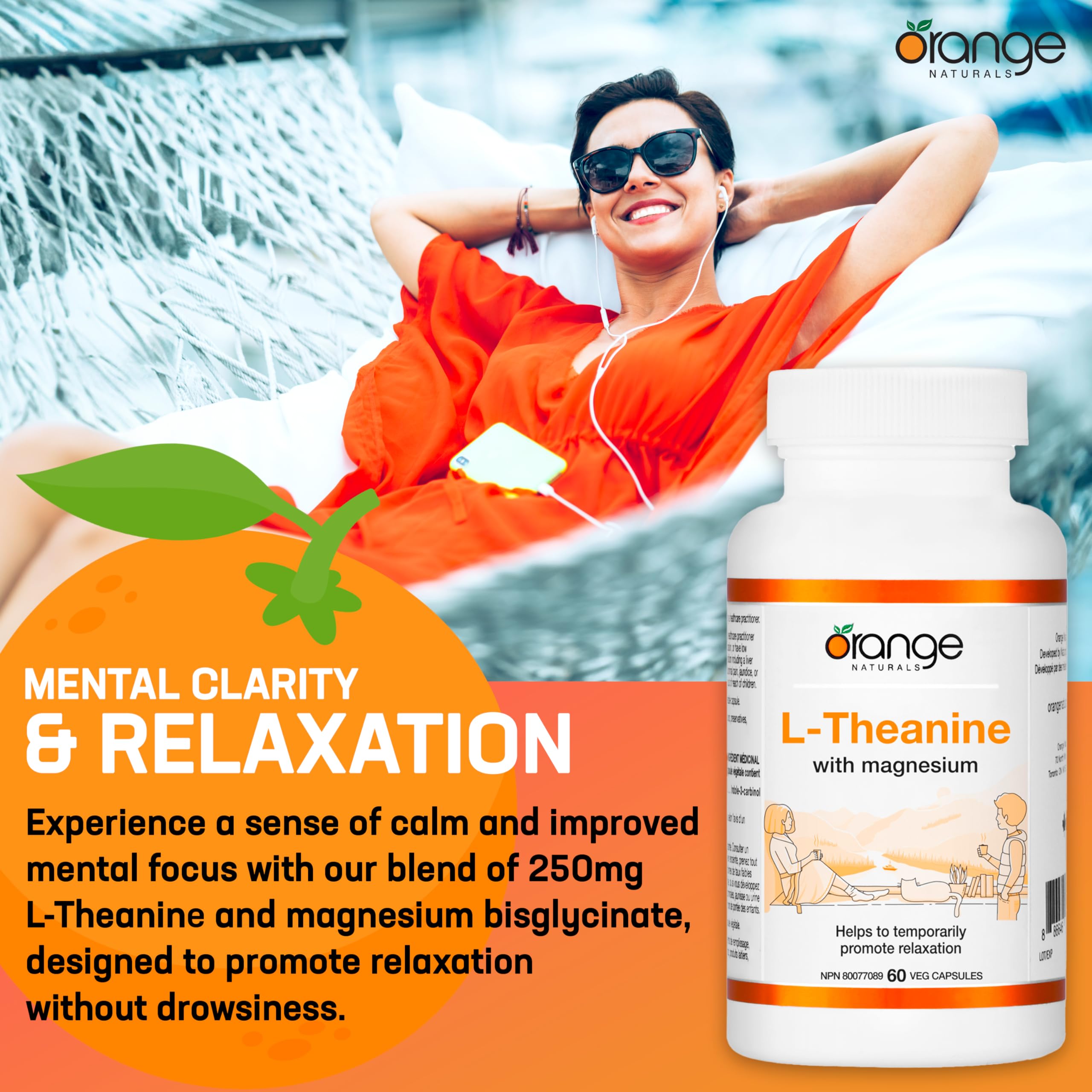 Orange Naturals - L-Théanine et Bisglycinate de Magnésium 250 mg, 60 gélules (approvisionnement de 60 jours) - Soutien amélioré pour le sommeil et la relaxation sans somnolence, favorise le calme mental - Végétalien et sans OGM