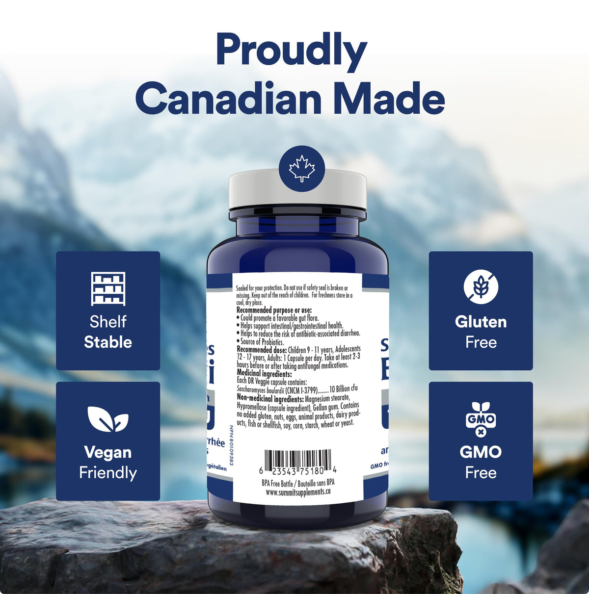 Saccharomyces Boulardii Probiotic Supplement, 60 DR Veggie Caps 60-Day Supply, 10 Billion CFU, Digestive Balance & Gut Flora Support, Vegan, Gluten-Free & Non-GMO, Proudly Canadian & Plastic Negative