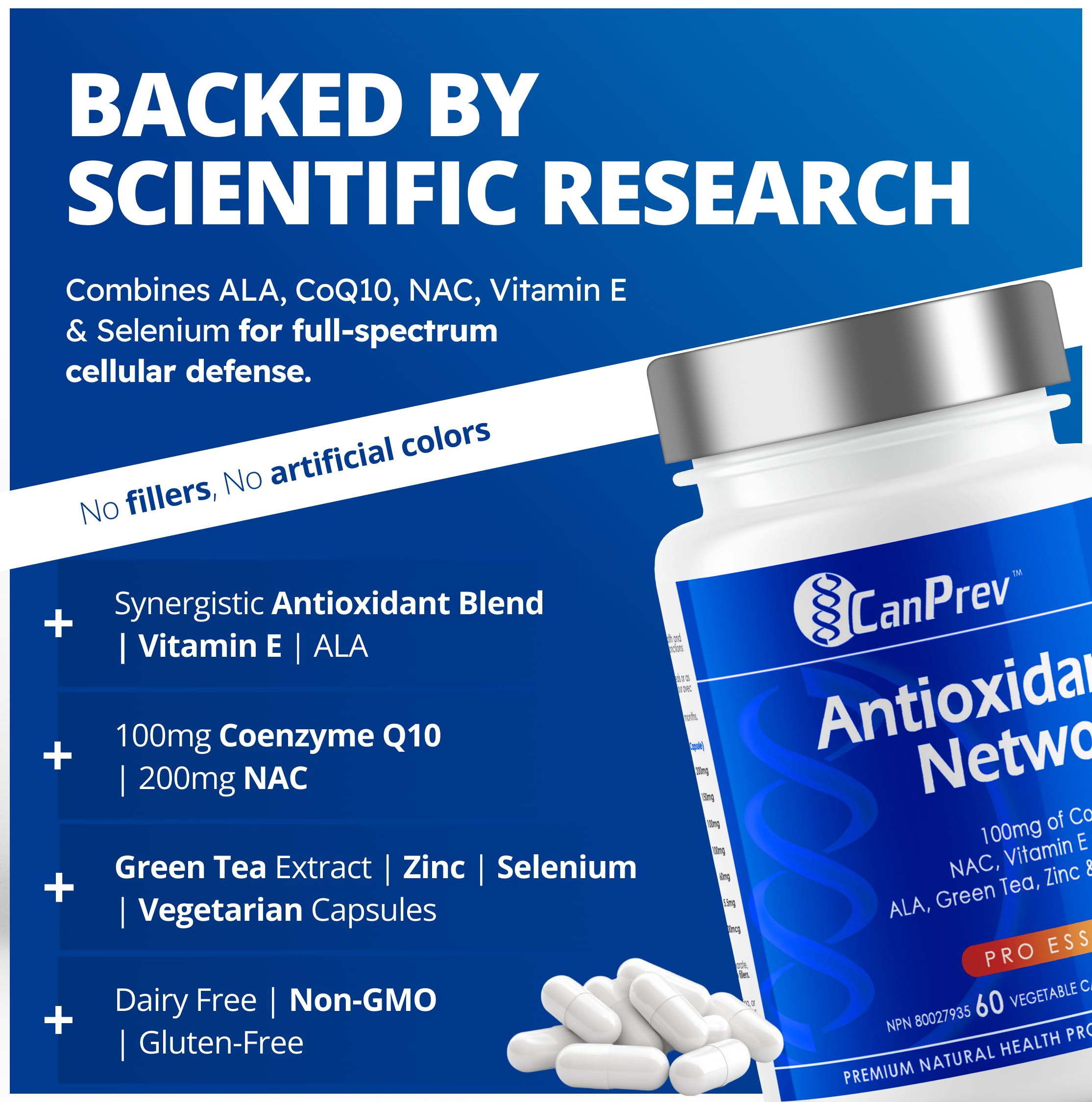 CanPrev Antioxidant Network, 60 V-Caps 60-Day Supply with Coenzyme Q10 100mg NAC, Vitamin E Complex, ALA, Green Tea Extract, Zinc and Selenium - Supports Energy, Cellular Health and Overall Vitality