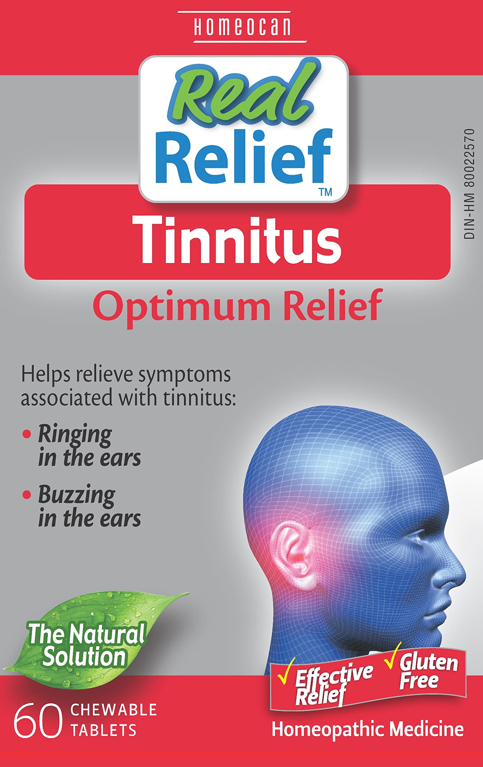 Homeocan Real Relief - Tinnitus Optimum Relief 60 Chewable Tablets Supplements - Helps Relieve Ear Pain, Itching, Swelling, Whistling, Ringing and Buzzing - Ear Care - Gluten-Free