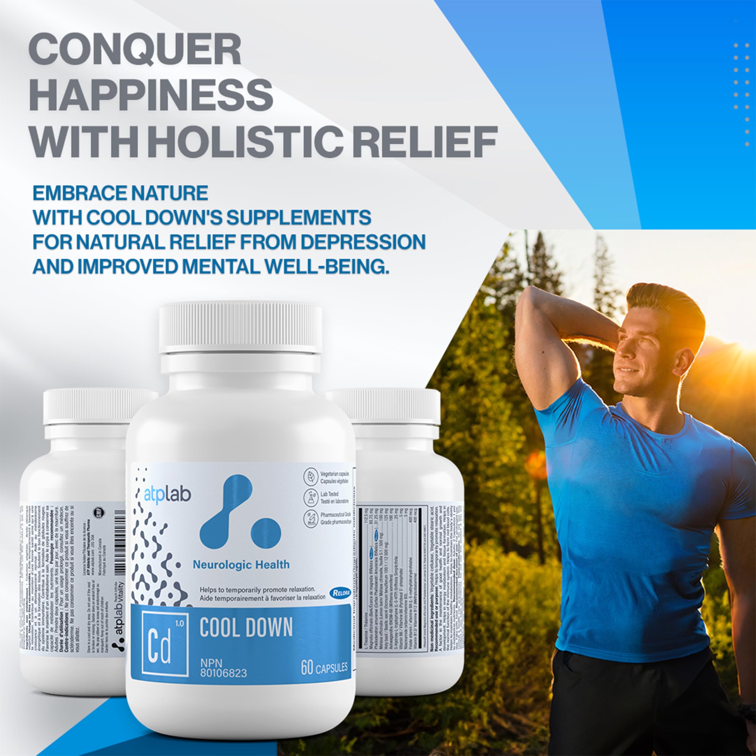 ATP LAB - Cool Down 60 capsules - Traitement de 30 jours - Soulagement de la dépression, santé du cortisol, soulagement de l'insomnie, guérison du système nerveux, favorise la relaxation et le sommeil - Formulé et fabriqué au Canada