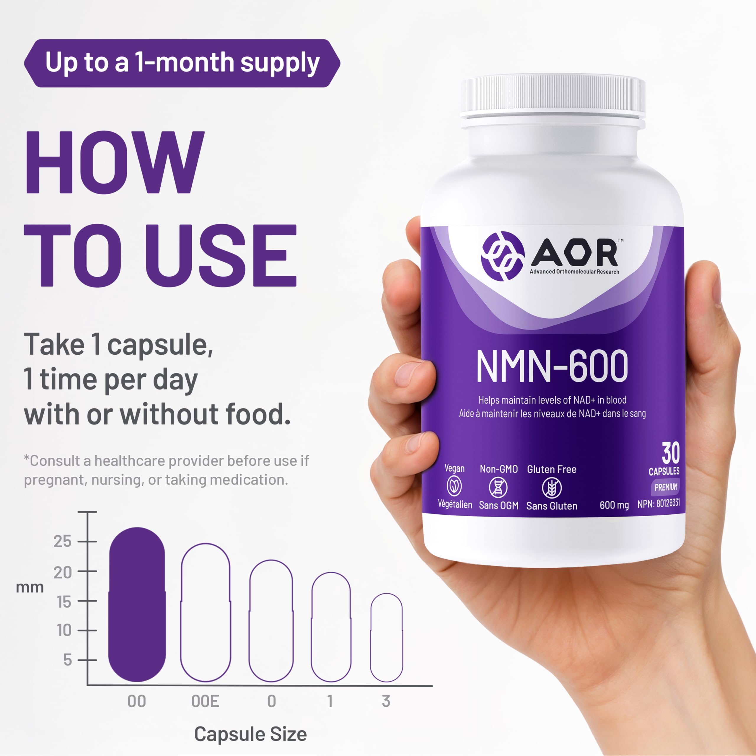 AOR NMN-600mg, 30 gélules végétaliennes - Sans OGM, sans gluten, mononucléotide de nicotinamide à haute puissance - Soutient la santé cellulaire et la production d'énergie - Supplément de NMN au Canada
