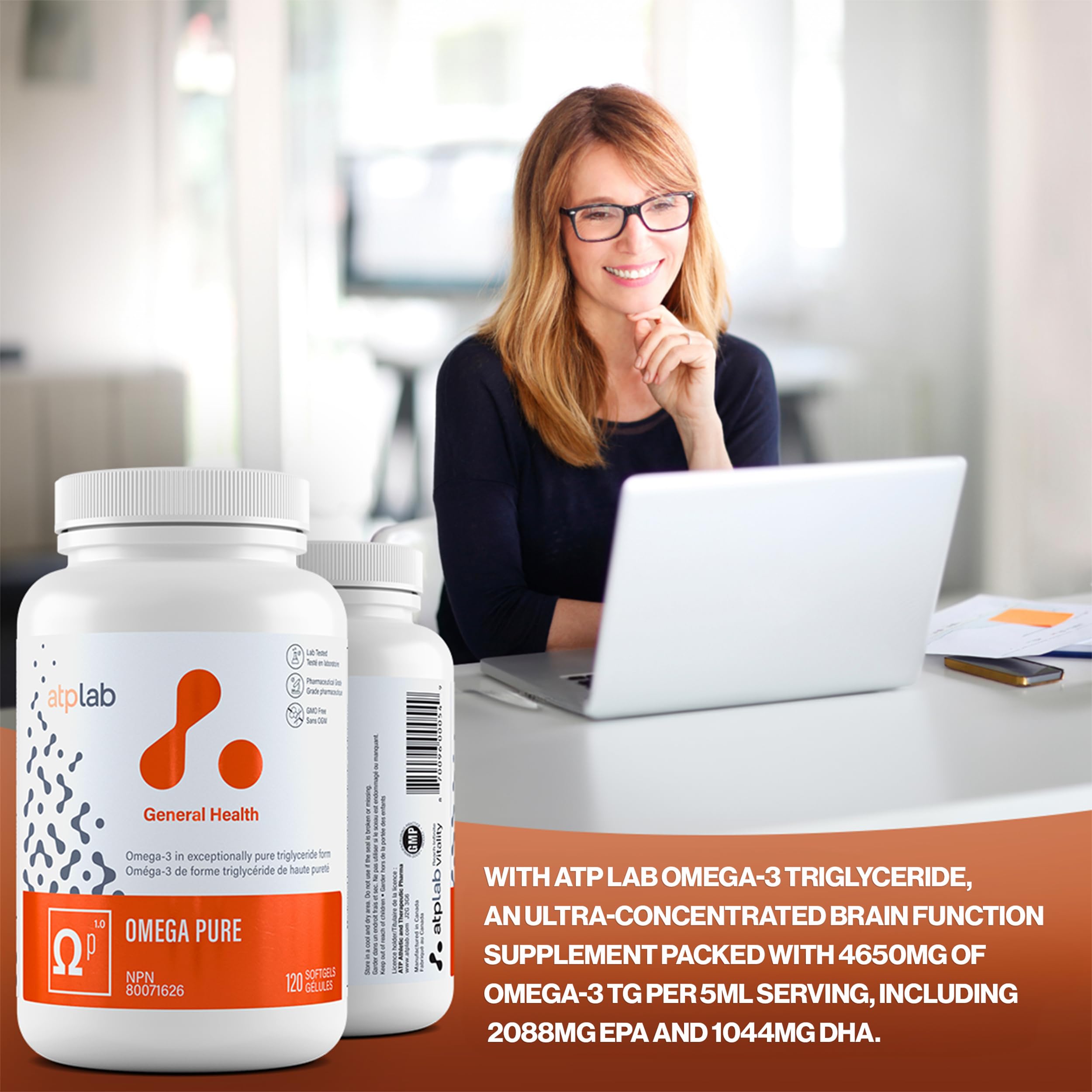 ATP Lab Omega Pure 120 gélules – Approvisionnement de 60 jours – Huile de poisson Oméga-3 TG EPA DHA et vitamine E, sans arrière-goût de poisson, favorise la fonction cérébrale et la santé cardiovasculaire, sans OGM, fabriqué au Canada, facile à avaler