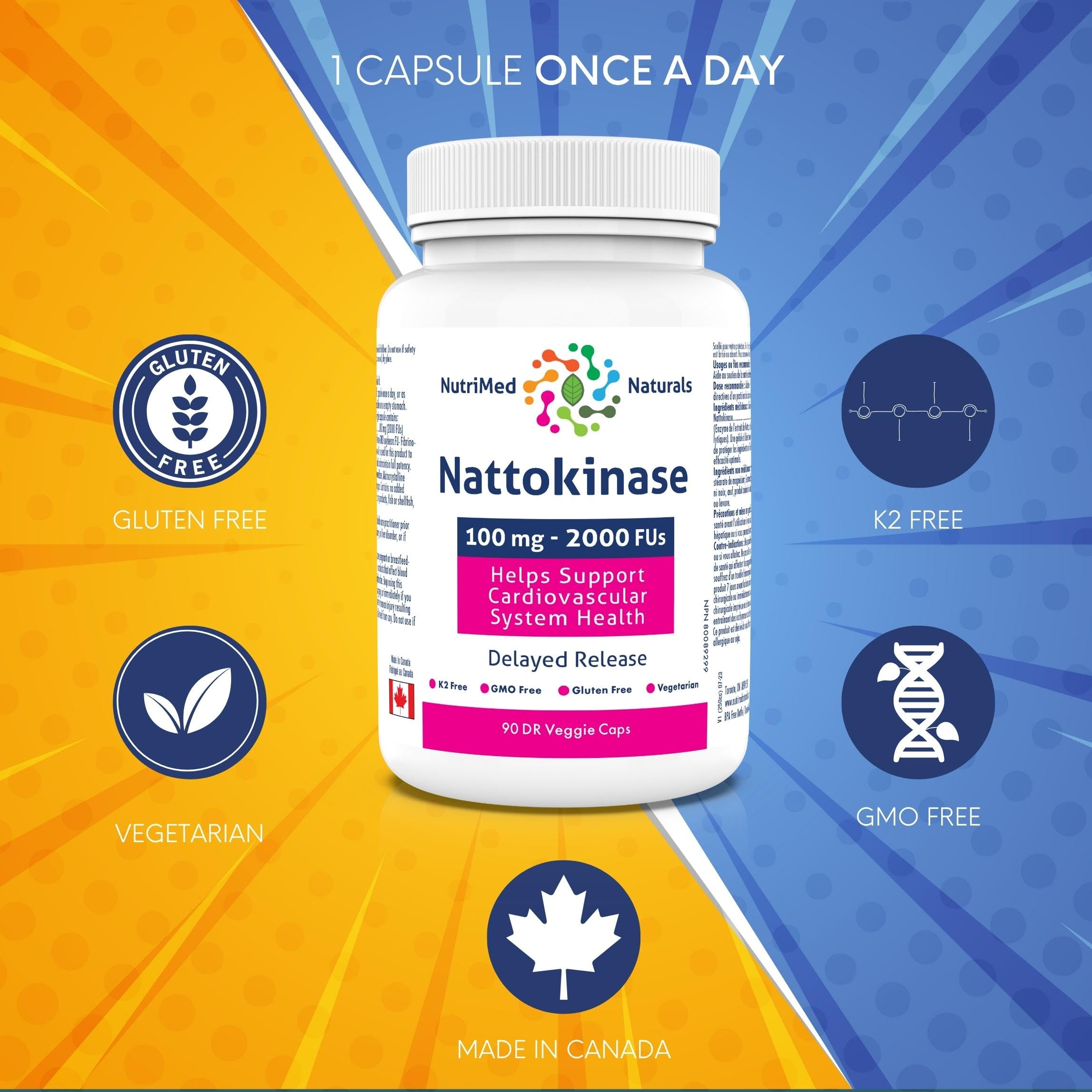 Nutrimed Naturals - Nattokinase Gélules 90 Gélules - Approvisionnement de 90 jours - Nattokinase 100mg 2000 FUs - Aide à soutenir la santé du système cardiovasculaire - Testé par des tiers - Formulé et fabriqué au Canada