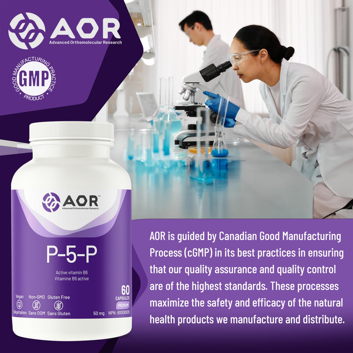 AOR P5P Vitamin B6 Capsules for Adults, 50 mg, 60 Capsules, 30-Day Supply