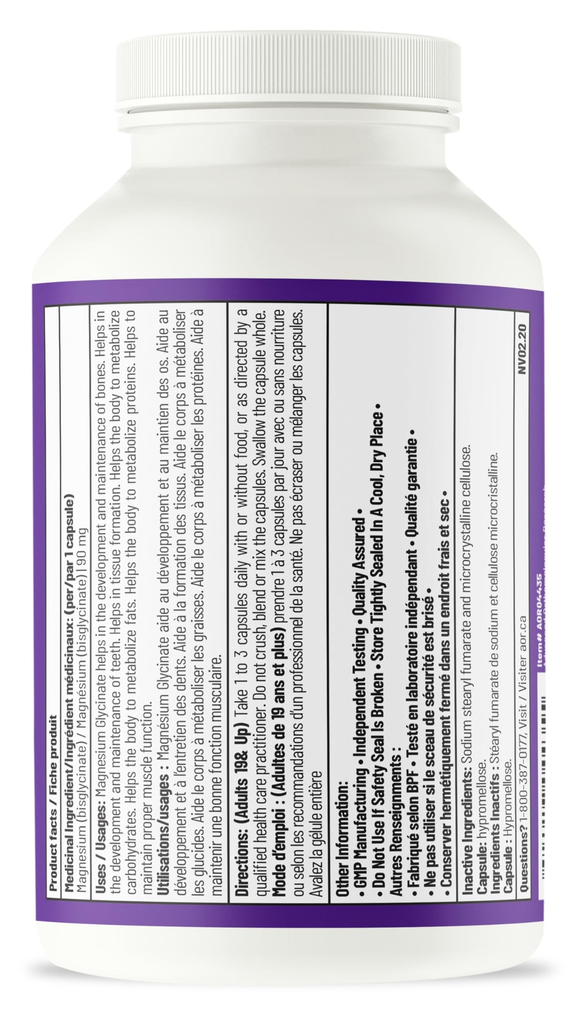 AOR Magnesium Glycinate Supplement, Gentle on Stomach, Vegan, 180 Capsules