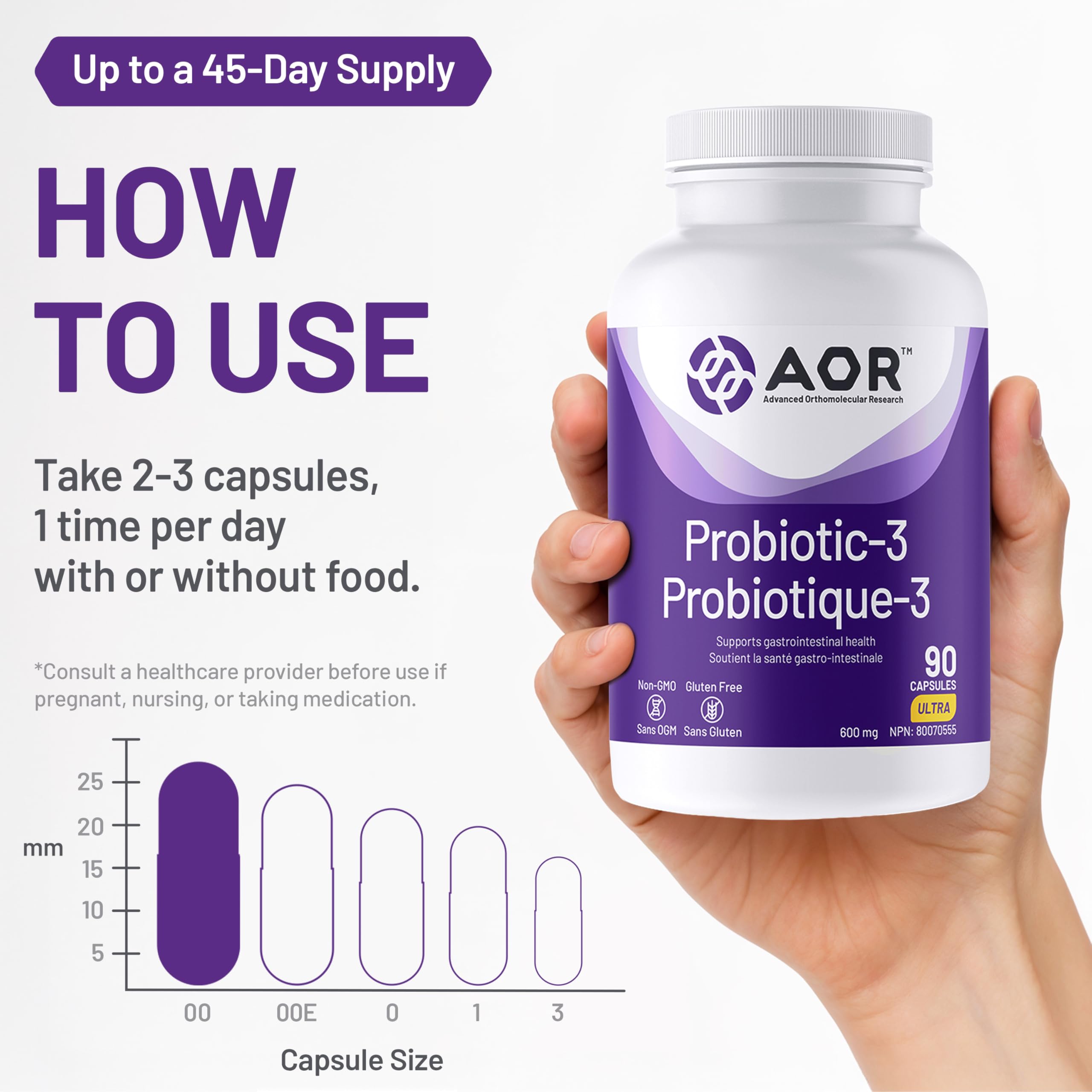 AOR Probiotic 3 - Gut Health Complex for Women & Men, Supports Digestive and Immune System, Contains Probiotics and Digestive Enzymes, Ideal for Balanced Intestinal Flora