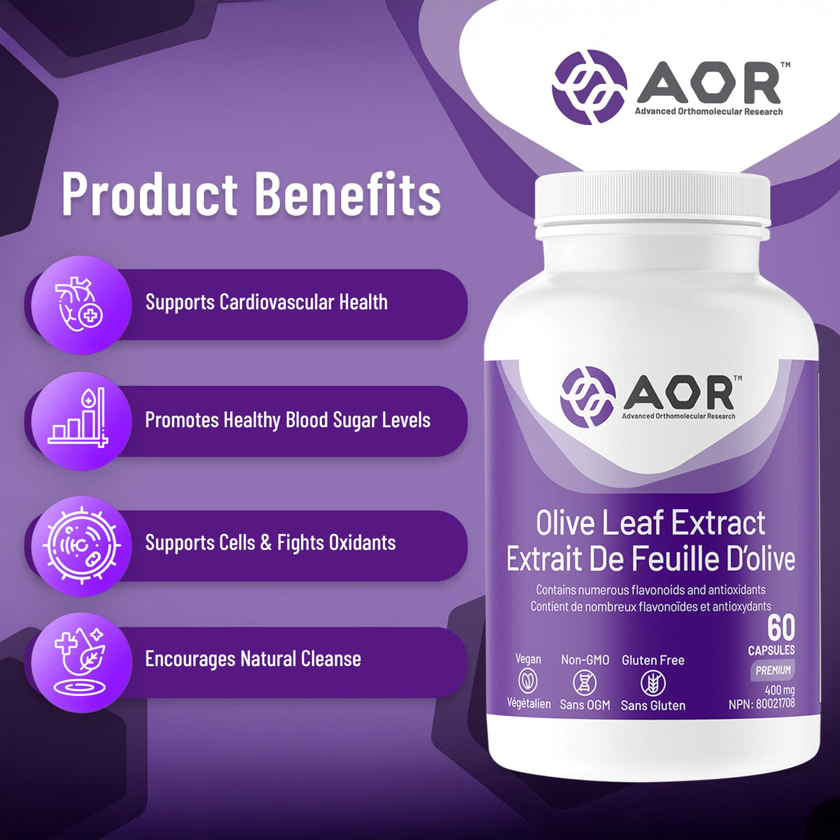 AOR Olive Leaf Extract, 20% Oleuropein, Non GMO, 60 Capsules, 30 Day Supply