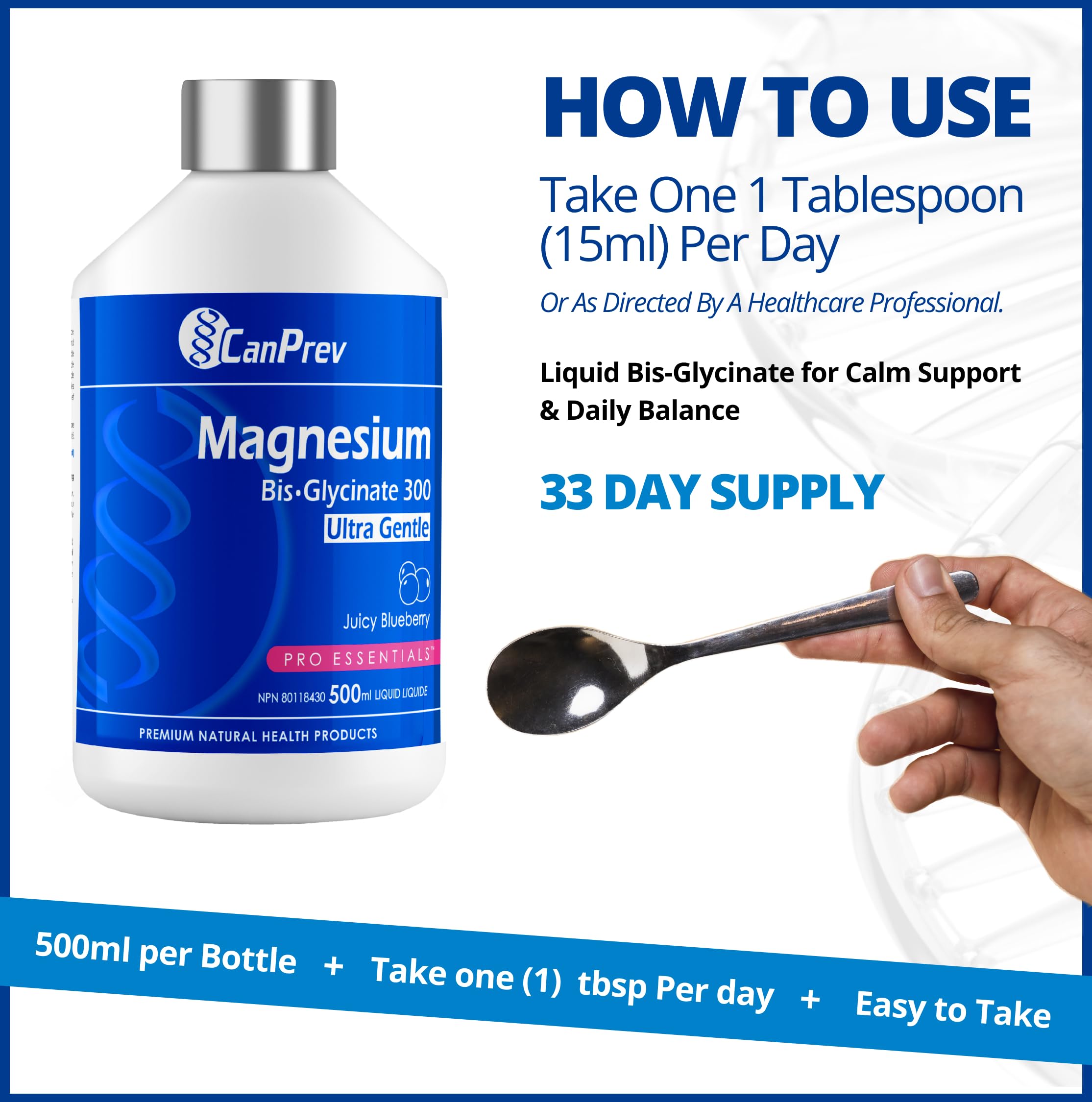 CanPrev Bisglycinate de Magnésium 300 Ultra Doux, 500ml Liquide 33 Portions Saveur Myrtille Juteuse - Absorption Améliorée pour un Meilleur Sommeil, Supplément de Magnésium Pur et Doux - Végétalien et Sans OGM