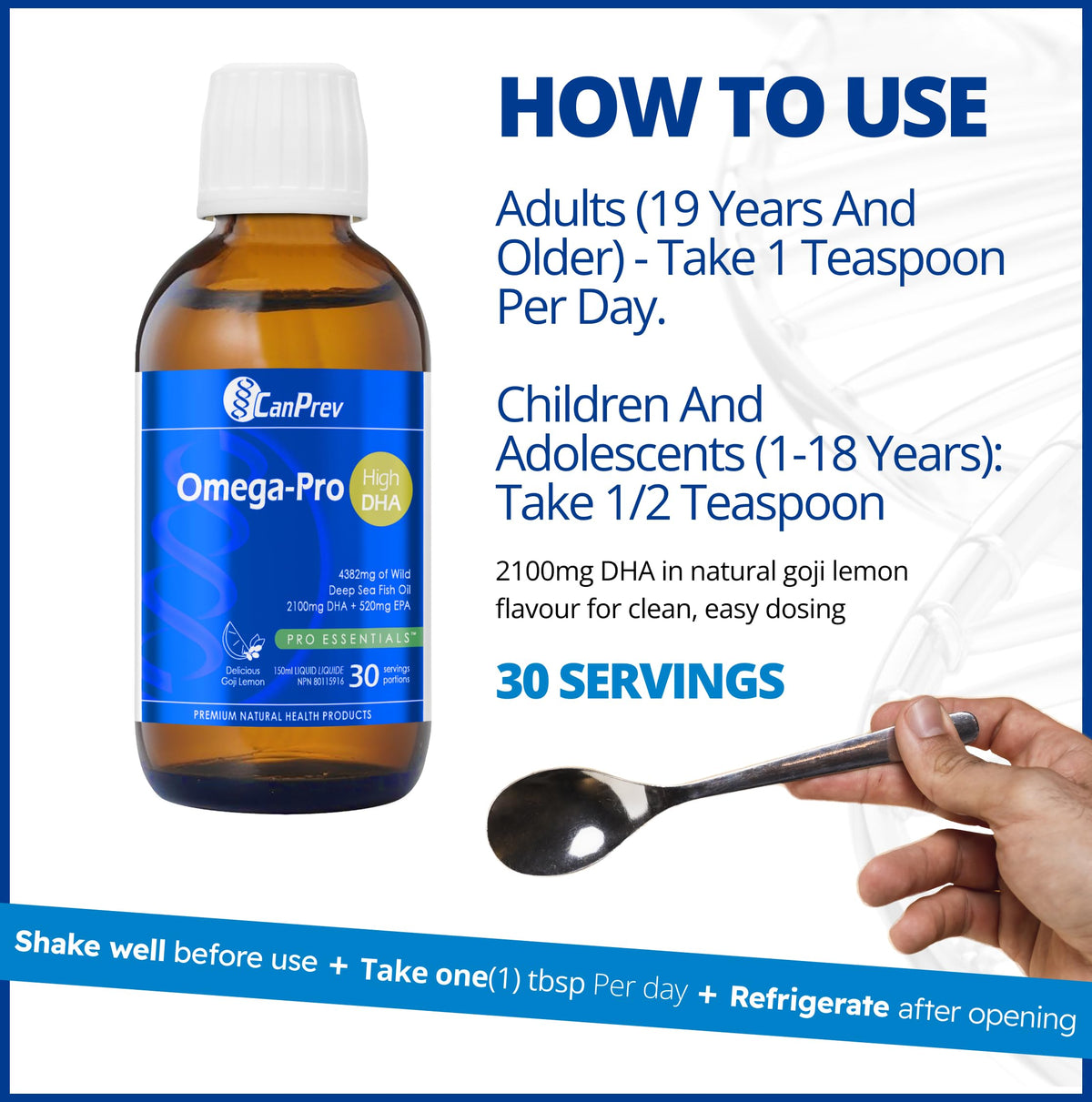 CanPrev Omega 3 Fish Oil Liquid, Omega-Pro, 2,100mg DHA, 150ml, 30 Servings