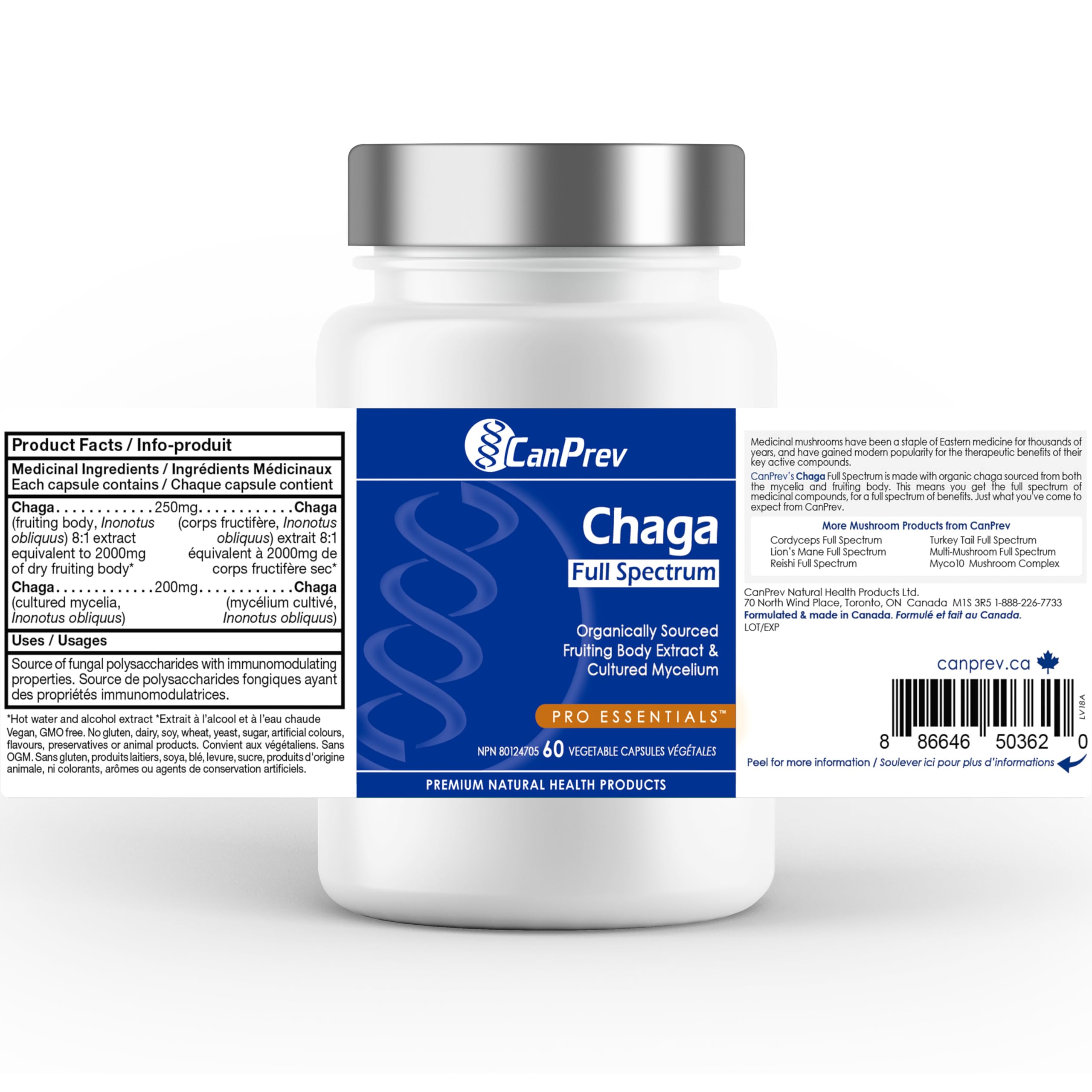 CanPrev Organic Chaga Full Spectrum 60 Veg Caps, 2-Month Supply, Wildcrafted Chaga Mushroom Extract for Daily Wellness, Cellular Protection, Balanced Digestion, Rich in Antioxidant, No GMO, Soy, Dairy