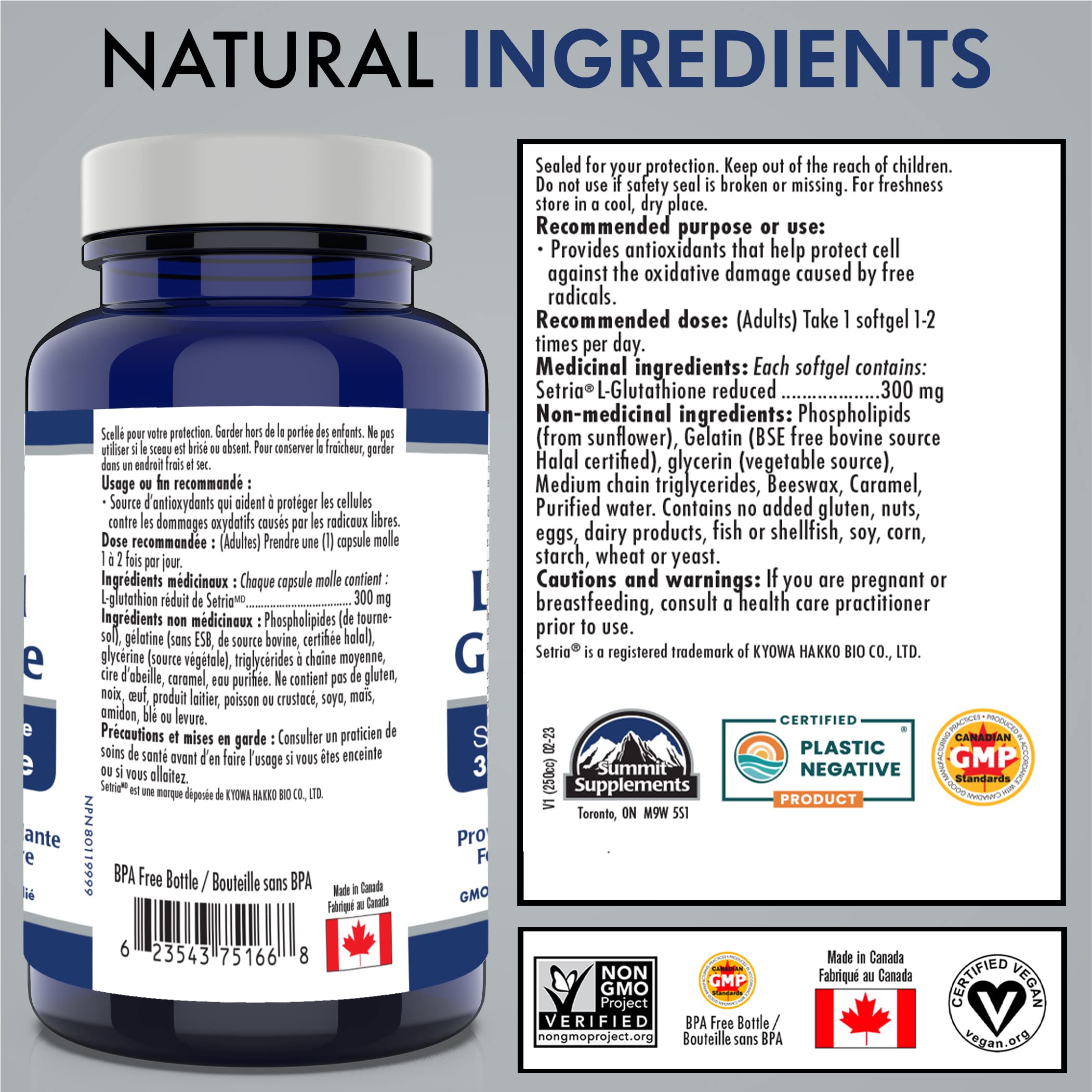 Glutathion Liposomal 300 mg, 100 gélules à enveloppe molle – 100 jours d'approvisionnement, Forme réduite Setria, Puissant antioxydant pour une peau éclatante, l'énergie et le bien-être, Sans OGM, Sans soja, Fièrement canadien, Bilan plastique négatif