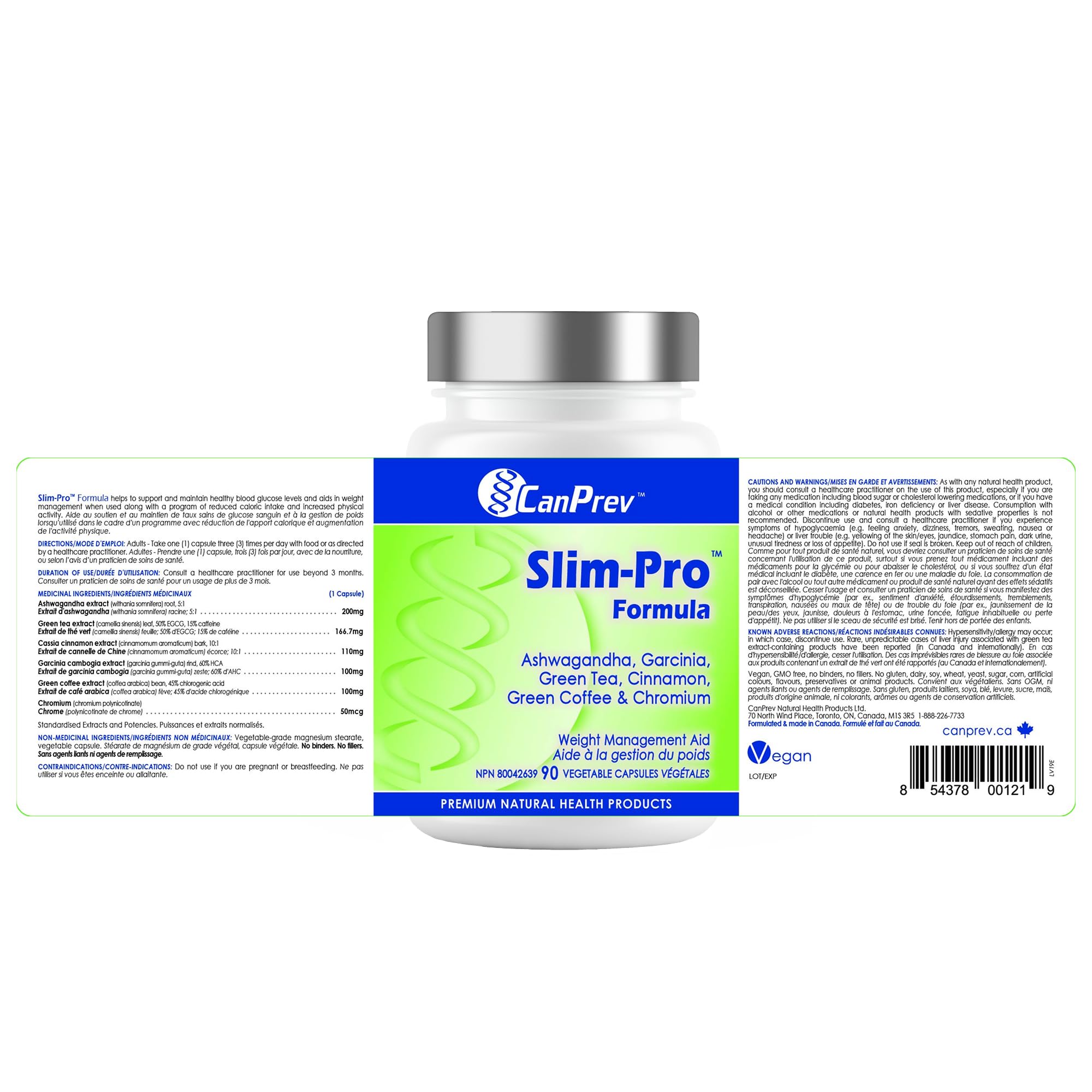 CanPrev Slim-Pro Formule 90 V-Caps, 1 mois d'approvisionnement - Complément d'Ashwagandha, d'extrait de thé vert, de Garcinia et de cannelle, soutient les objectifs de bien-être, l'équilibre et complète un mode de vie sain - Convient aux végétaliens