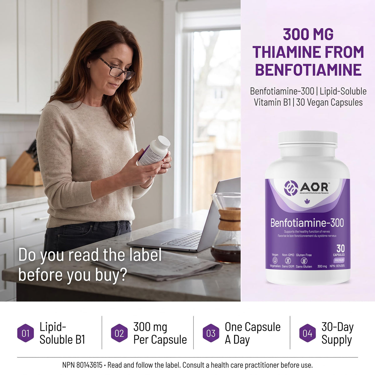 AOR Benfotiamine-300, 30 Capsules, Vitamin B1, Vegan, Gluten Free, Unflavoured, Metabolism Improvement, One a Day