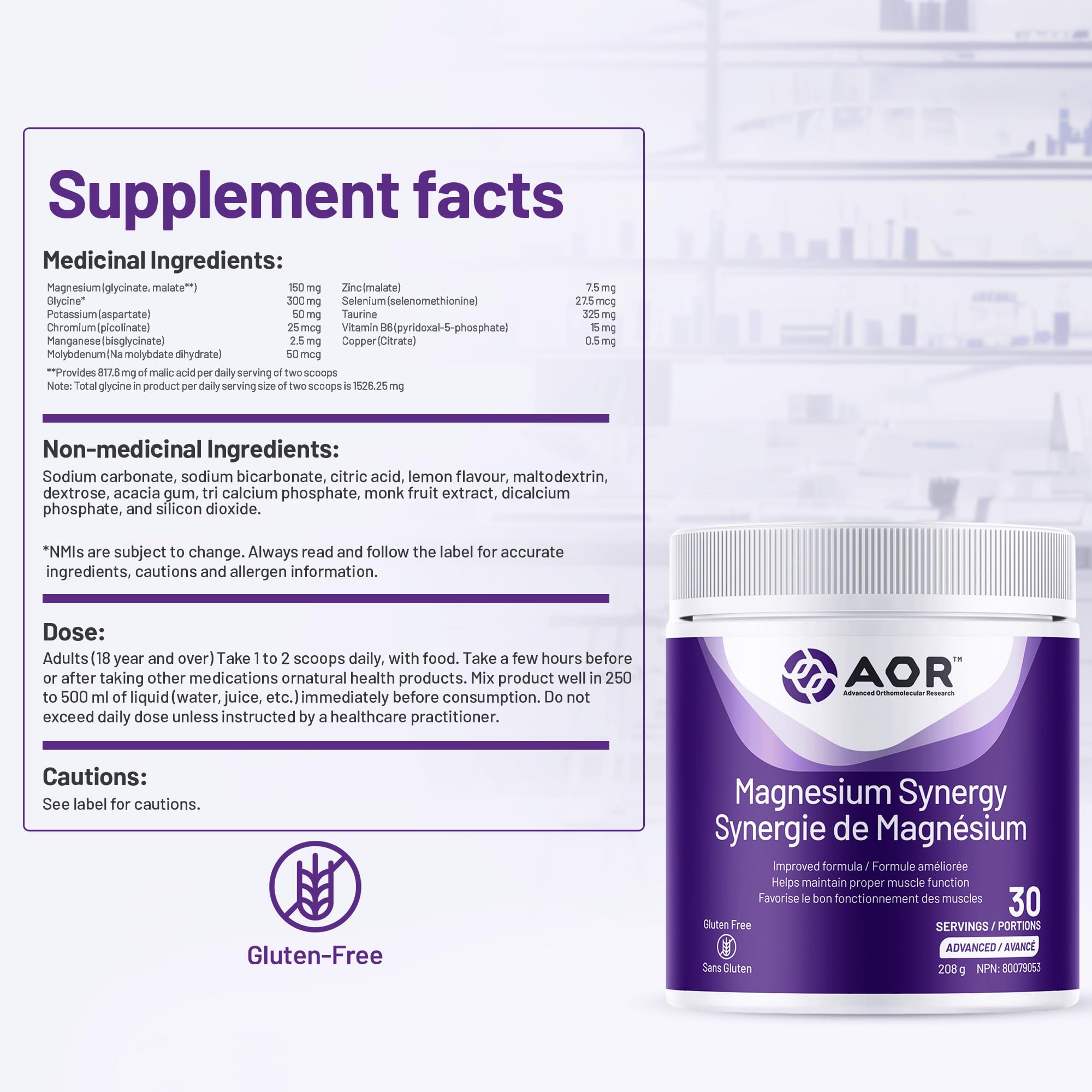 AOR Magnésium Synergy Poudre 208g 30 portions - Supplément de Magnésium Végétalien pour Hommes et Femmes - Soutient la Santé des Os, un Sommeil Réparateur et la Relaxation Musculaire - Facile à mélanger, Goût Citron sans Sucre, sans Gluten