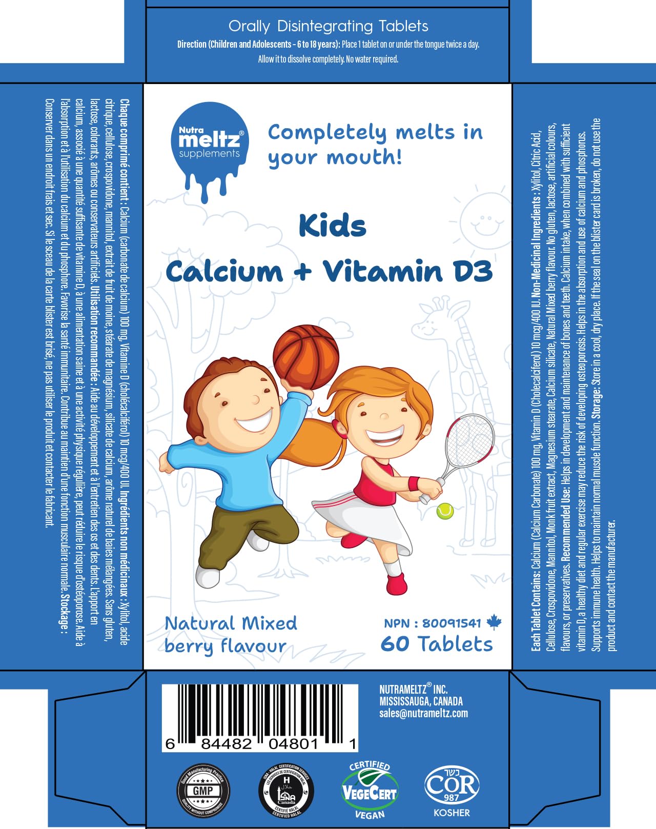 Nutrameltz Kids Calcium + Vitamin D3, 60 Fast-Dissolving Tablets 60-Day Supply - Mixed Berry Flavor, Supports Healthy Bone Strength, Growth and Development, Sugar, Gluten, Dairy-Free, Made in Canada