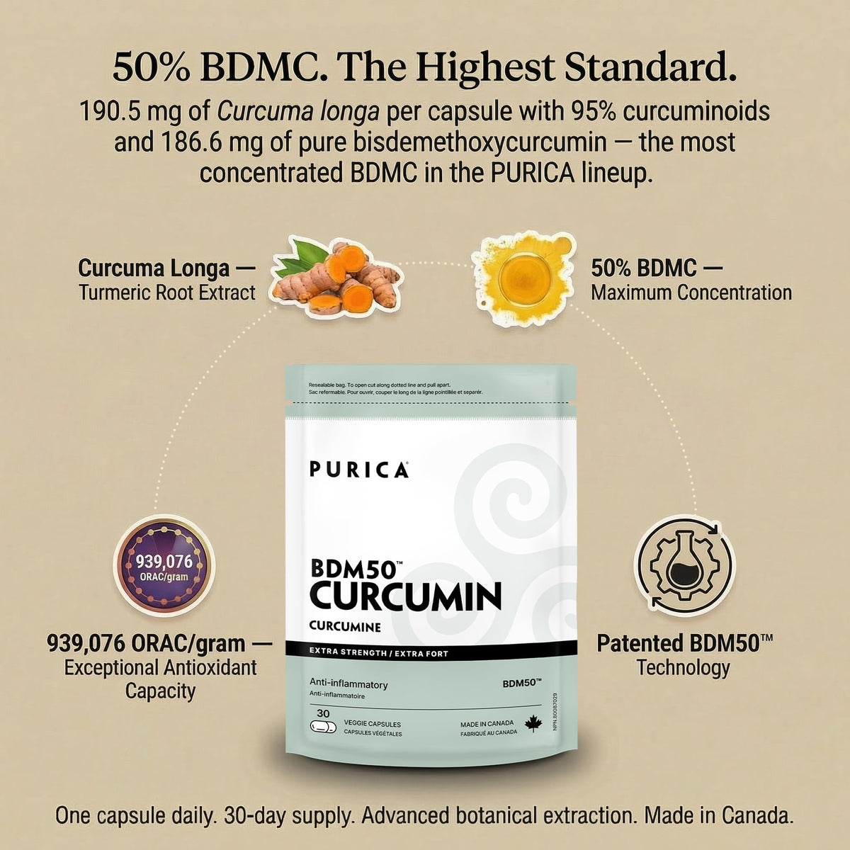 PURICA Turmeric Curcumin Supplement, BDM50, Made in Canada, 15 Capsules