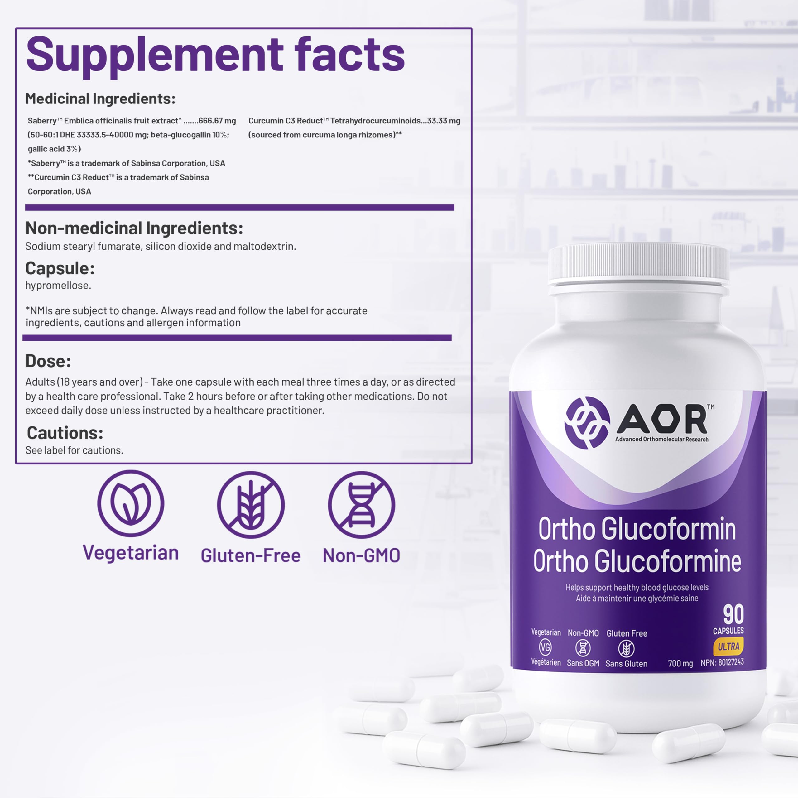 AOR - Ortho Glucoformin 700mg 90 Capsules 30-Day Supply - Helps Support Healthy Blood Glucose Levels and Cardiovascular Health - Vegetarian, Non-GMO and Gluten-Free