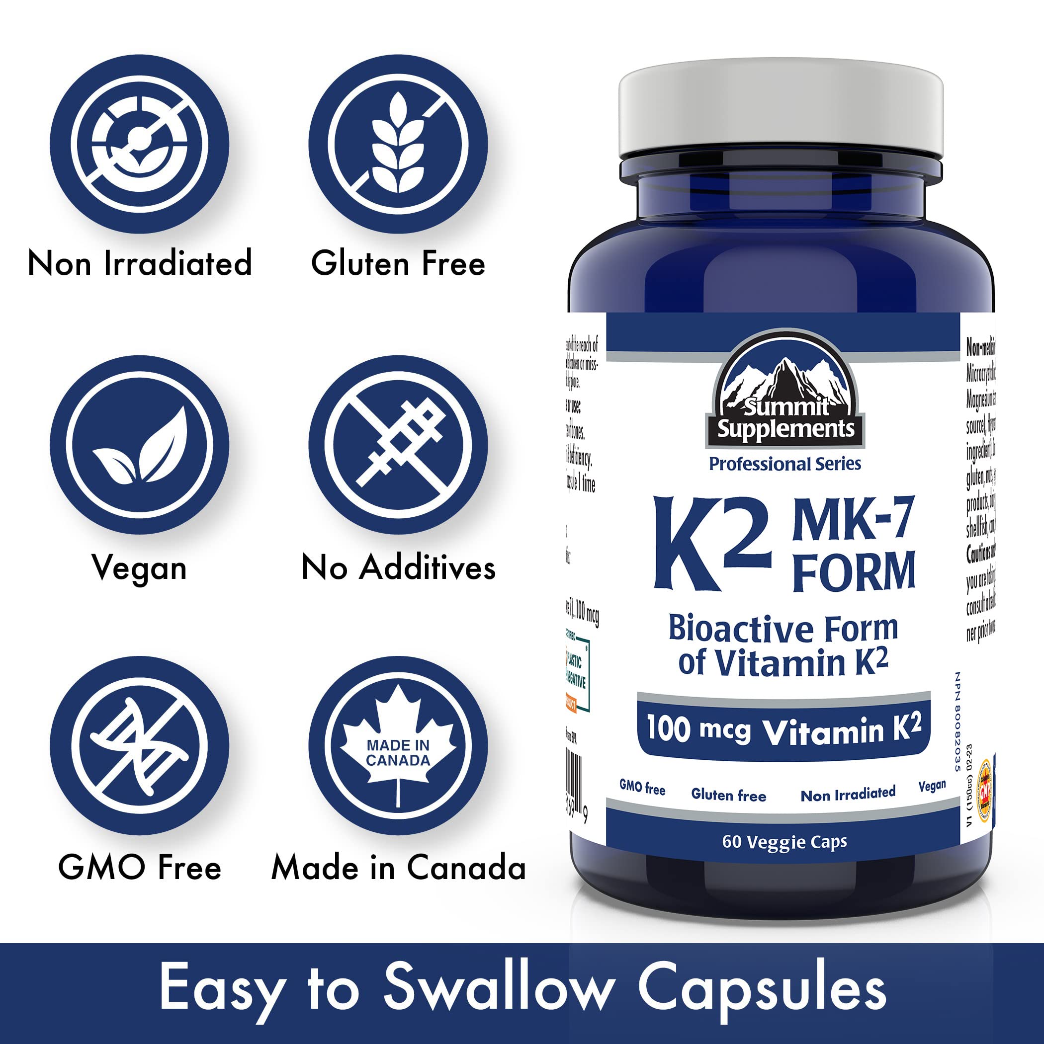 Vitamin K2 MK-7 - K2 Vitamin Supplement MK-7 Vitamin K-2 100 mcg - Heart Health - Cardiovascular Health - Blood Clotting - 3rd Party Tested - Formulated & Made in Canada