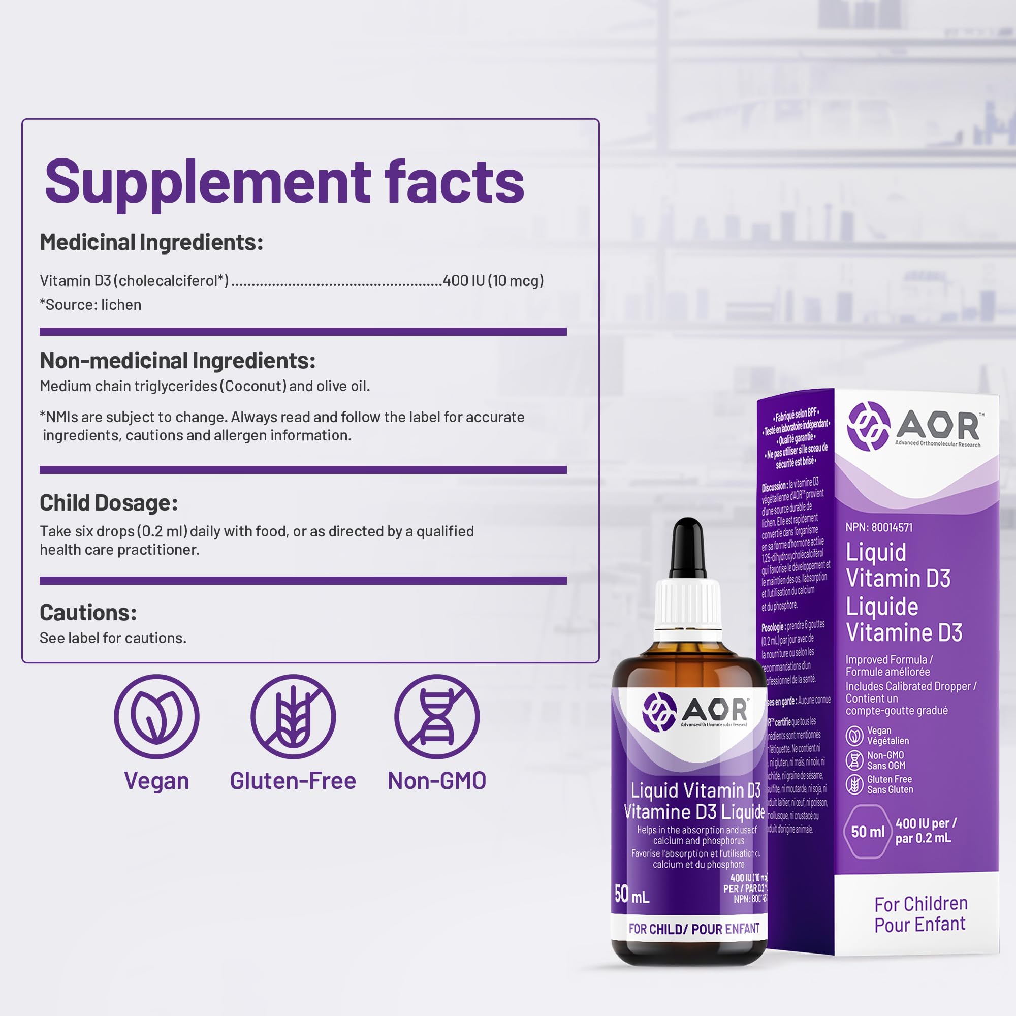 AOR Kids Vitamin D3 400 IU Drops 50 ml 250-Servings - Vegan, Non-GMO & Gluten-Free - Organic Cholecalciferol with Calcium for Children - No Preservatives or Sugar - Support for Strong Bones & Immune