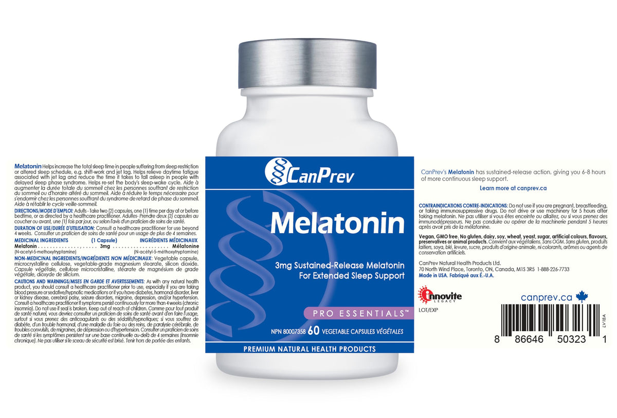 CanPrev Melatonin 3 mg Sustained Release Capsules for Adults, 60 Vegan Caps