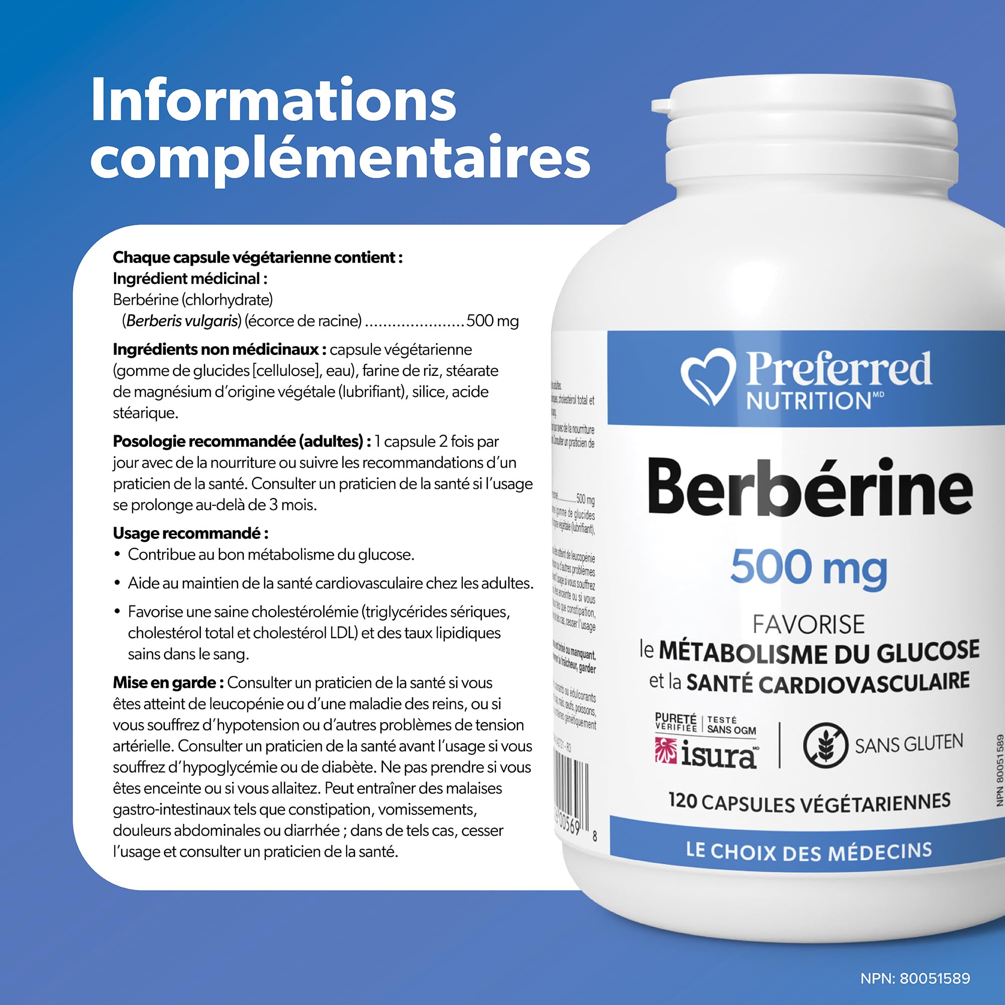 Preferred Nutrition Berberine MAXIMUM POTENCY 1000 mg per Serving (2 caps, 500 mg each), Vegetarian Capsules, Canadian Company