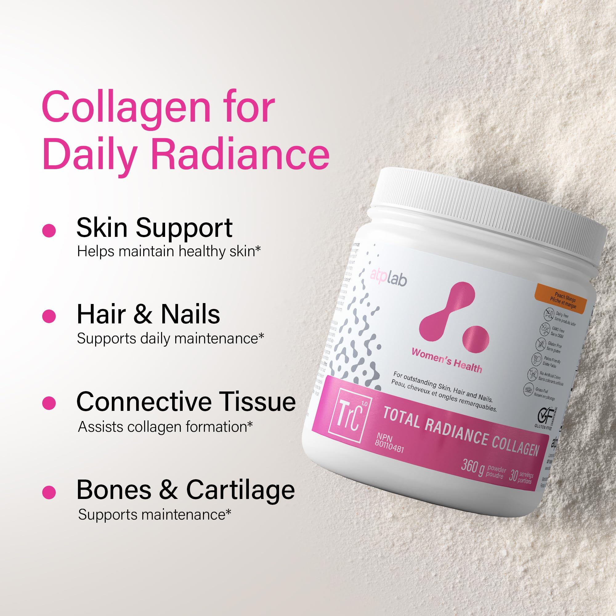ATP LAB - Total Radiance Collagène 360g - Poudre de protéines de collagène pour femmes - Pour la peau, les cheveux et les ongles - Suppléments de collagène pour femmes