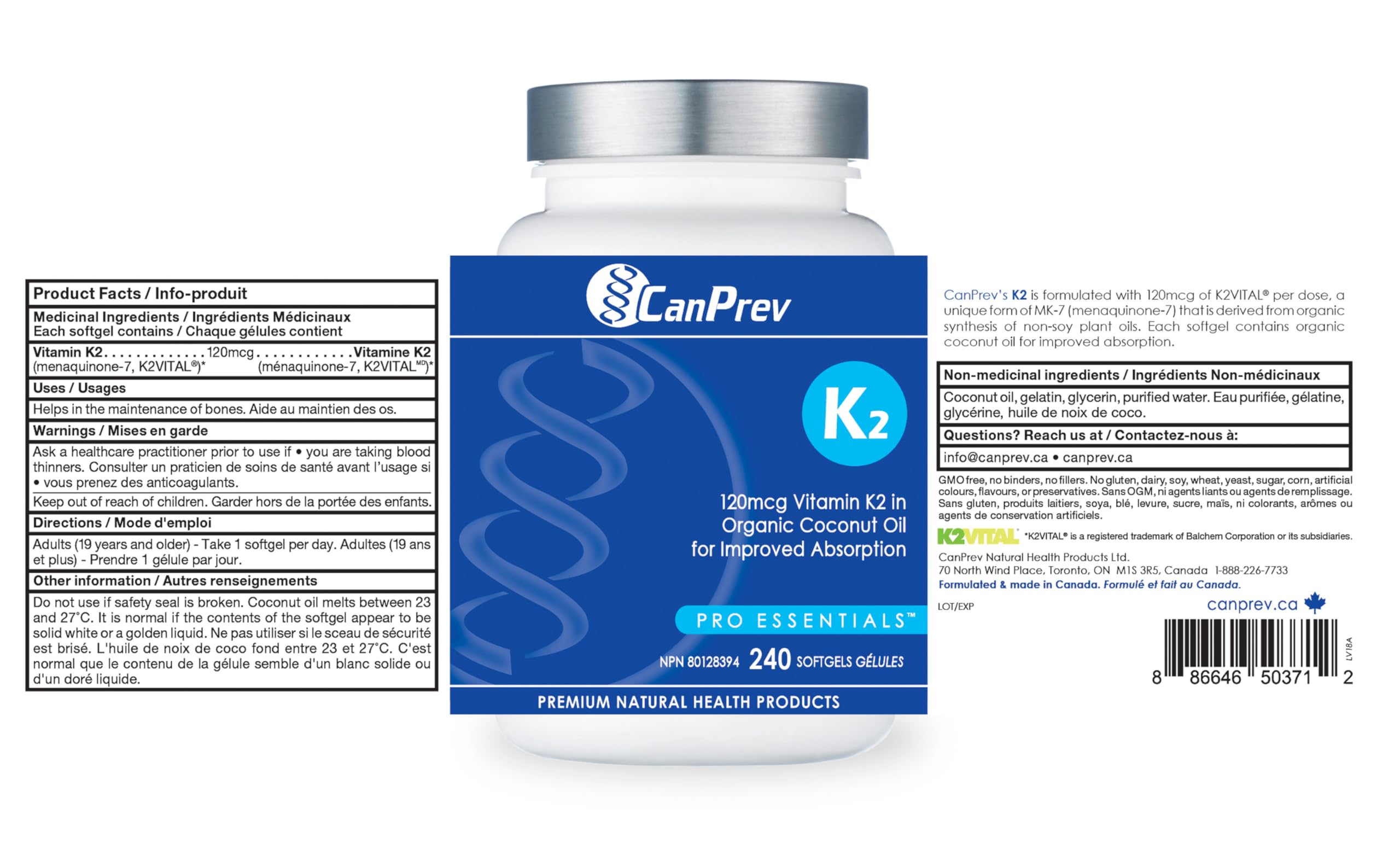 CanPrev K2 120mcg avec huile de noix de coco biologique – Végétalien, sans OGM – Absorption améliorée pour un soutien optimal des os et des dents, vitamine K2 à haute puissance pour des os et des dents solides