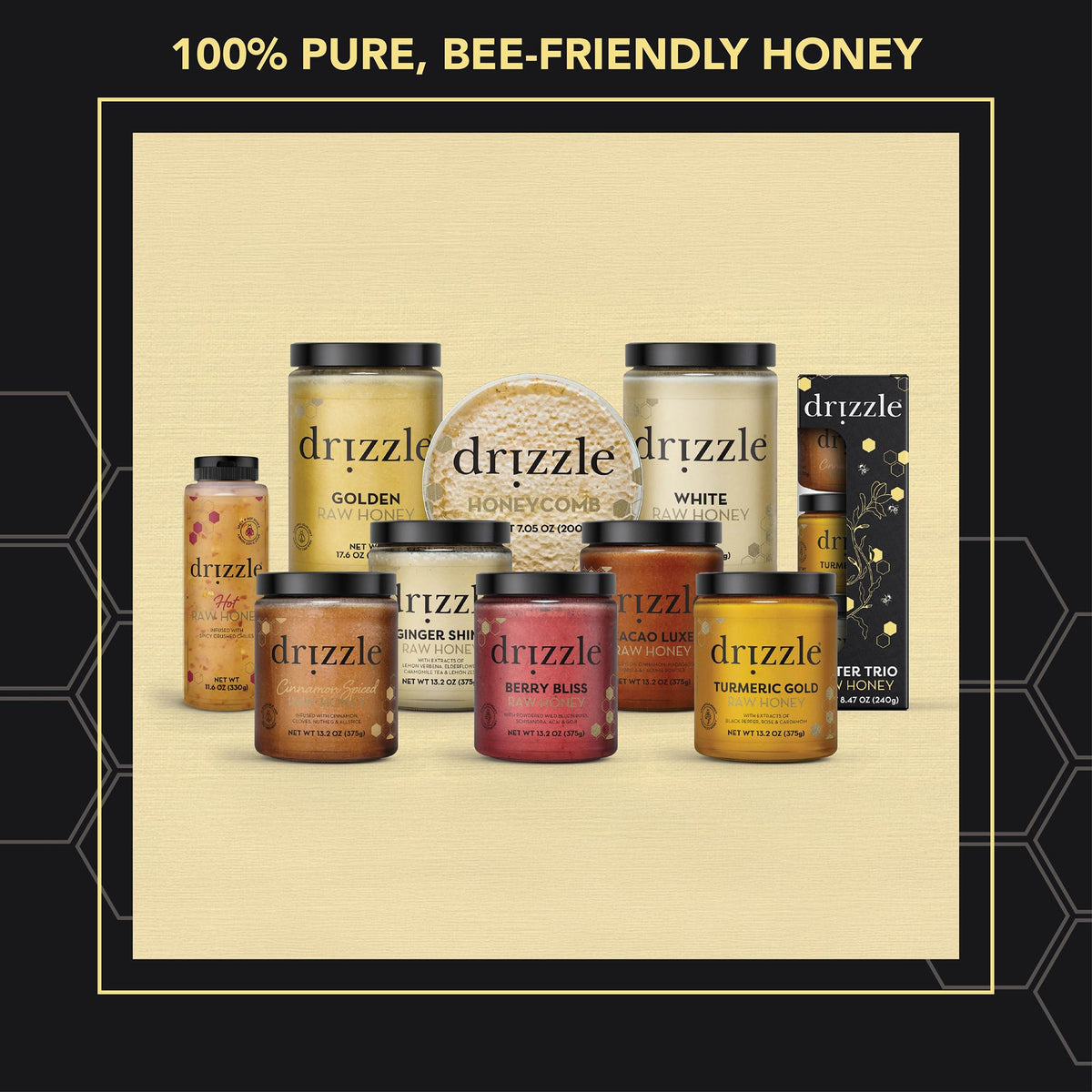 Drizzle Raw Honeycomb, 100% Edible Comb Honey for Cheese Boards, 200 g/7 oz