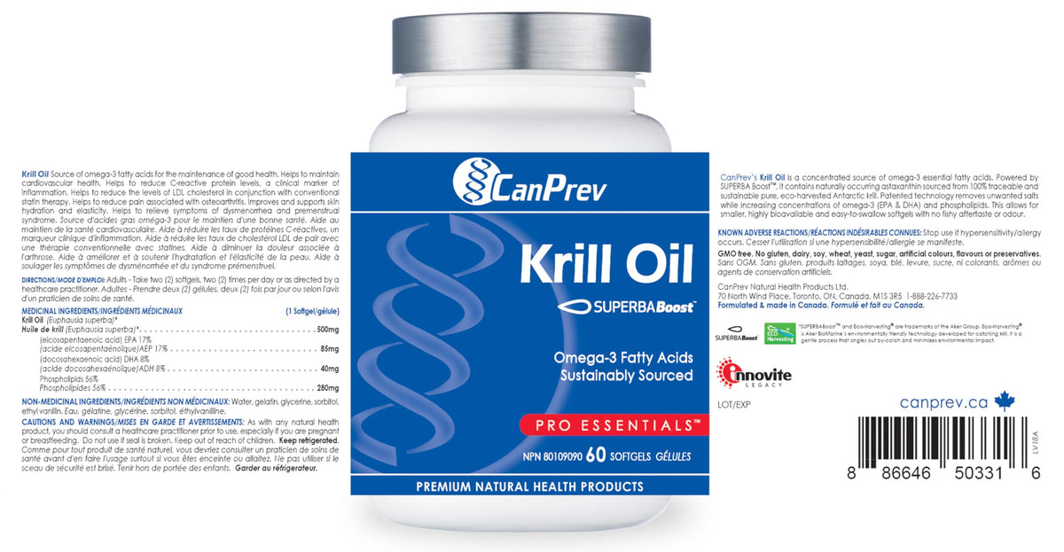 CanPrev Krill Oil Omega 3 Softgels, Fish Free, 500mg Krill Oil, 60 Softgels