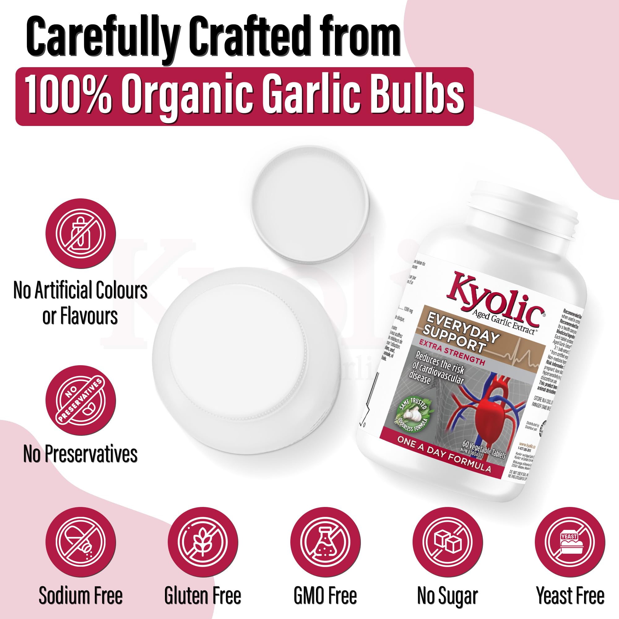 Extrait d'ail vieilli inodore Kyolic - Force optimale 1000 mg - Supplément cardiovasculaire - Santé cardiovasculaire Kyolic - Supplément à base d'extrait d'ail