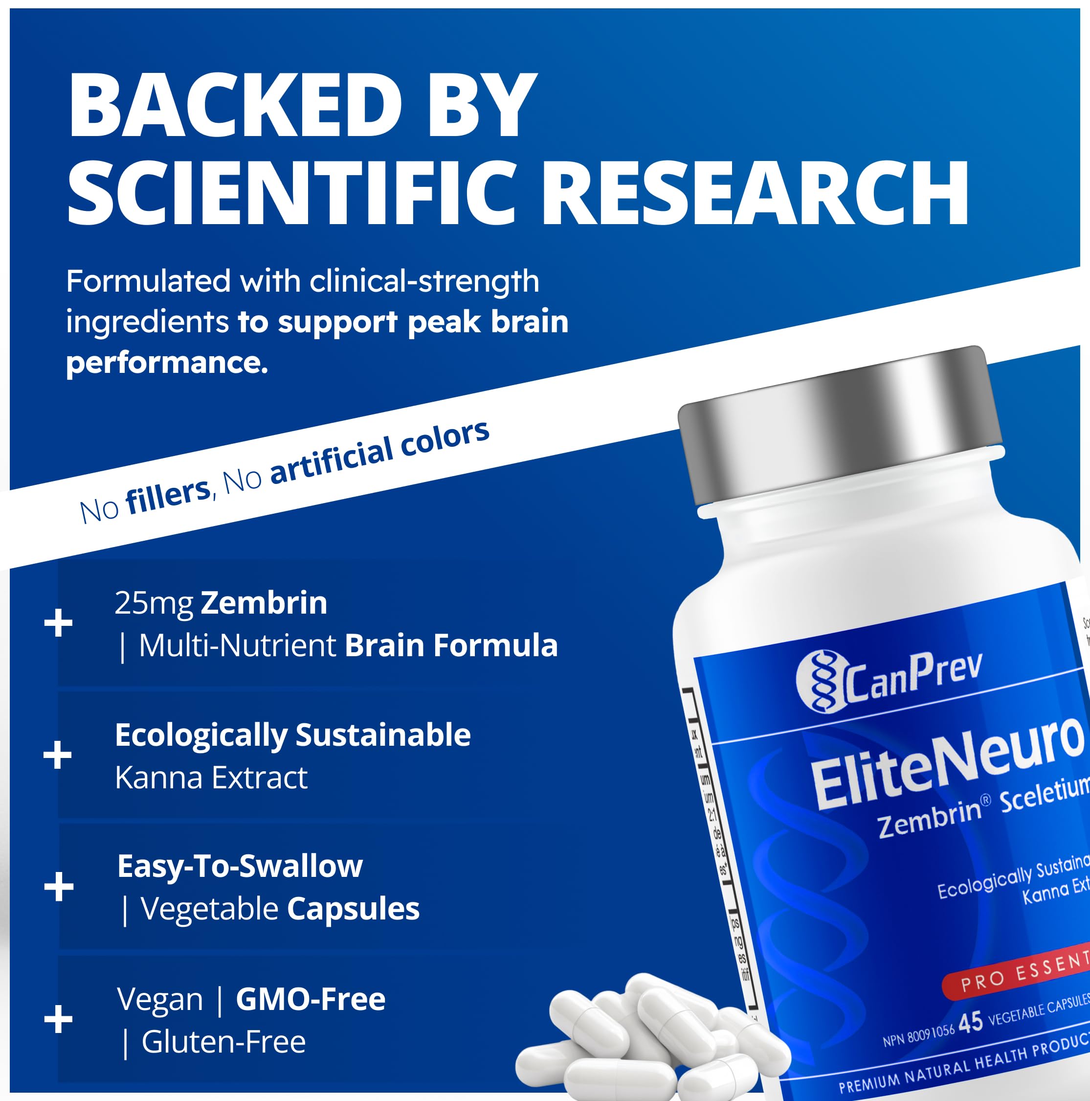 CanPrev - EliteNeuro Zembrin Sceletium, 45 gélules, approvisionnement de 45 jours - Aide à soutenir la fonction cognitive chez les adultes - Aide à soutenir la performance cognitive, la concentration et l'attention mentale - Végétalien et sans OGM