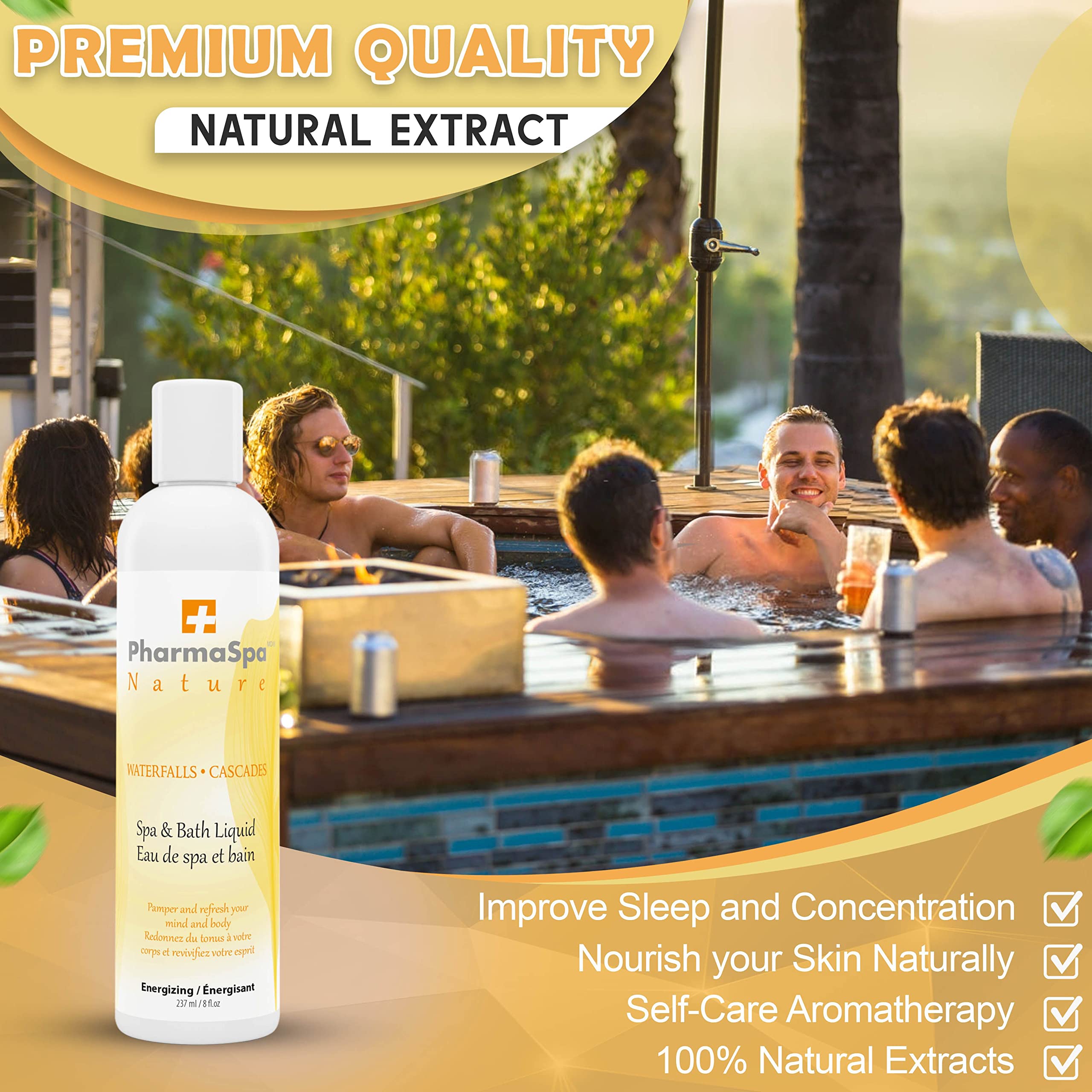 Pharmaspa Nature : Liquide pour spa et bain avec extraits entièrement naturels - 237 g/8 fl oz – Liquide d'aromathérapie pour spa – Sans gluten, sans parabènes, non testé sur les animaux