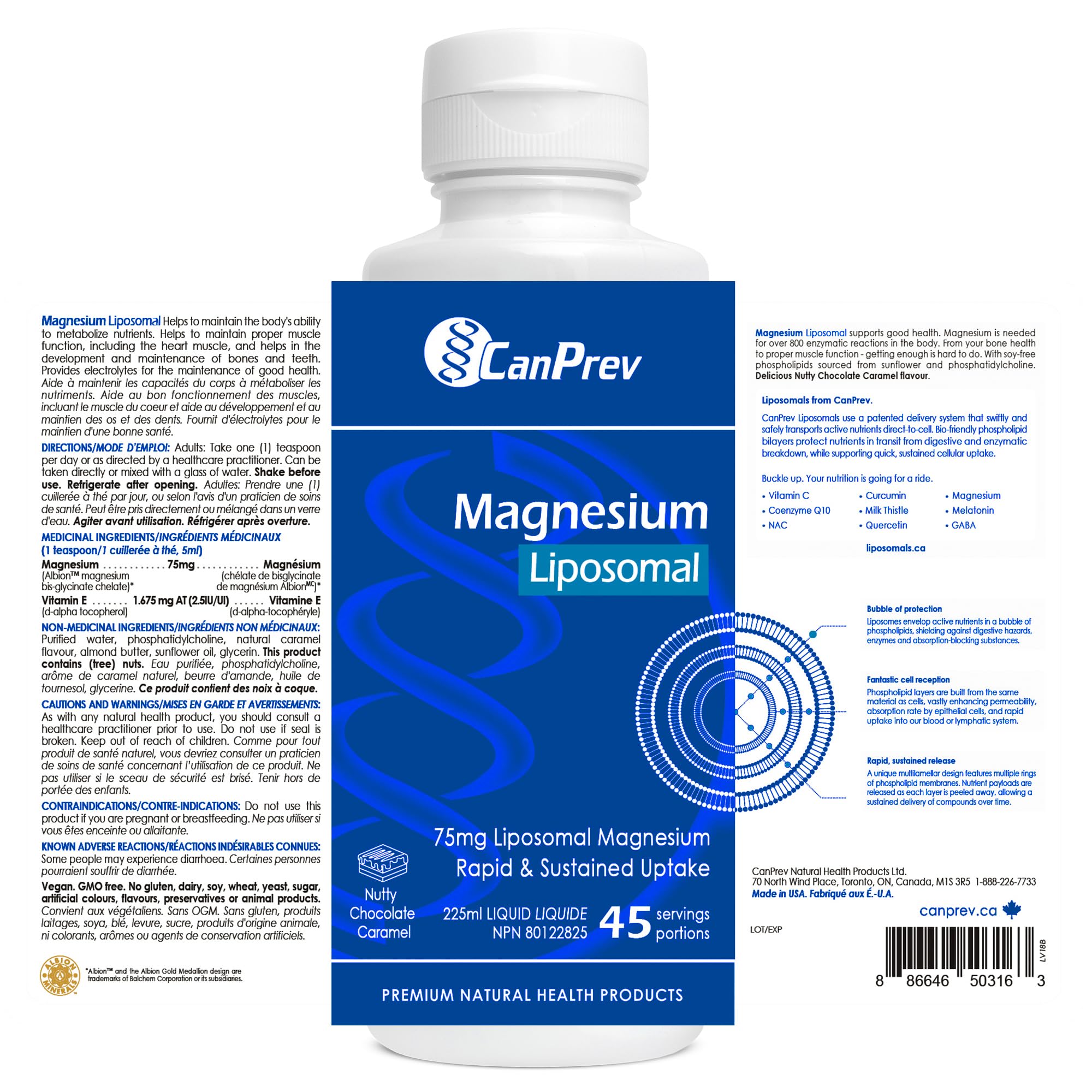 CanPrev Bisglycinate de magnésium liposomal, liquide de 225 ml (45 portions), saveur chocolat-caramel aux noisettes - Aide à maintenir une fonction musculaire, des os et des dents sains - Végétalien, sans OGM et sans gluten