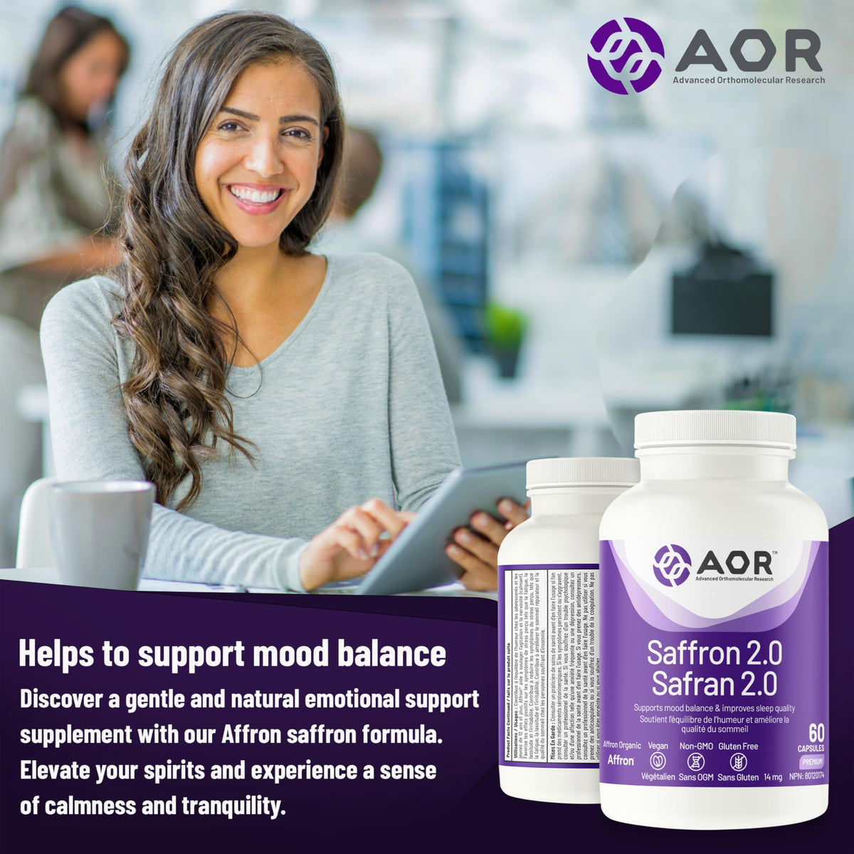 AOR Saffron 2.0 Supplement, Gluten Free, 14 mg, 60 Capsules, 30-Day Supply