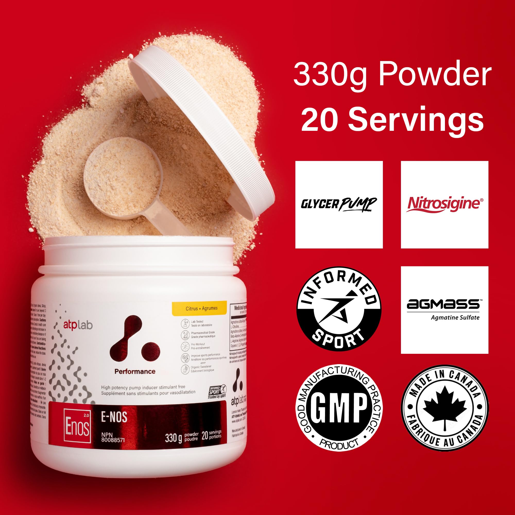 ATP LAB - E-Nos 330g Poudre Saveur Agrumes - Améliore la performance sportive, aide à maintenir et à soutenir la santé cardiovasculaire - Inducteur de pompe et Poudre Pre Workout