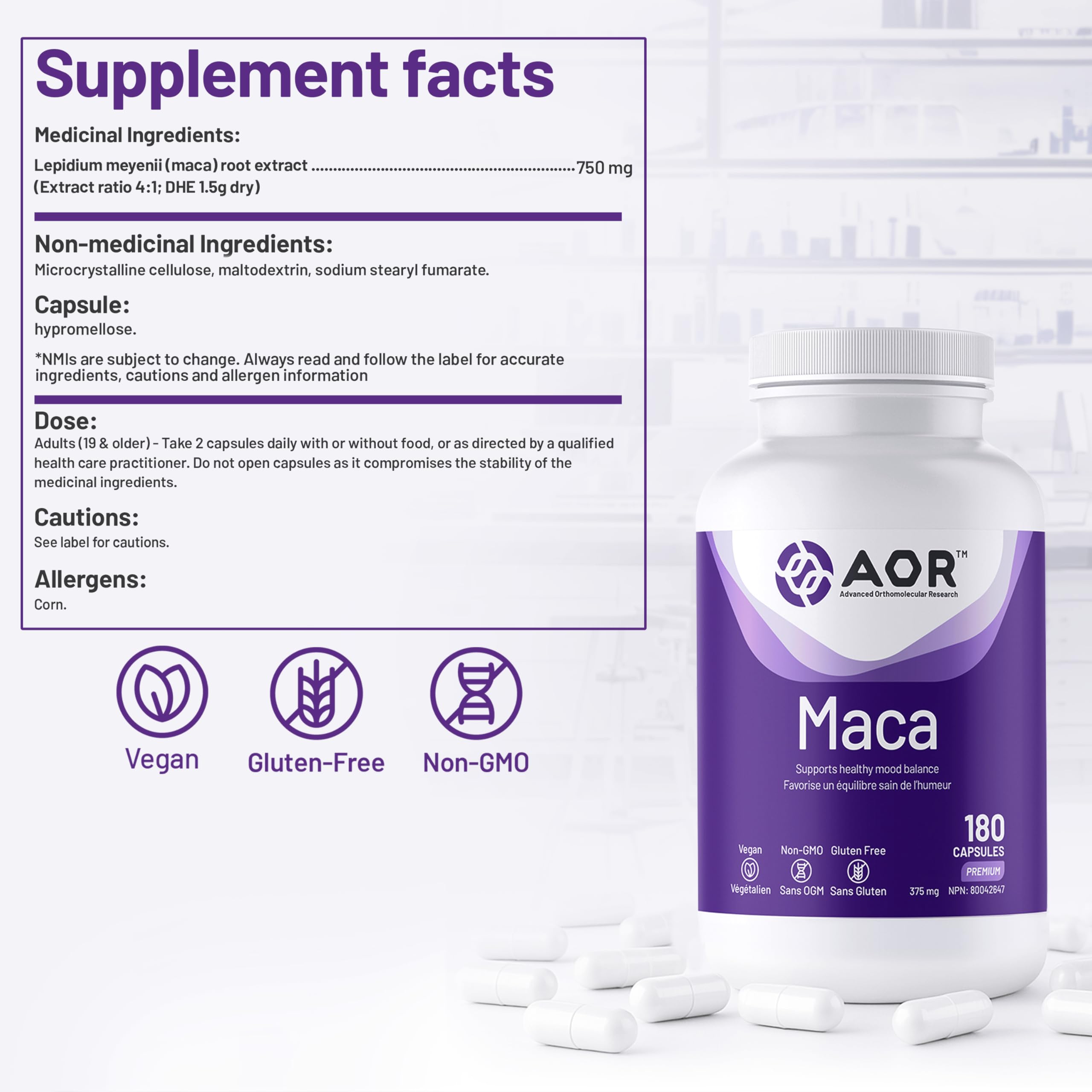 AOR Maca Root 375 mg, 180 capsules, 90 jours d'approvisionnement - Soutient l'énergie et la vitalité - Supplément d'extrait de racine de Maca, favorise une fonction hormonale équilibrée - Soutien ménopause et andropause - Végétalien, sans gluten