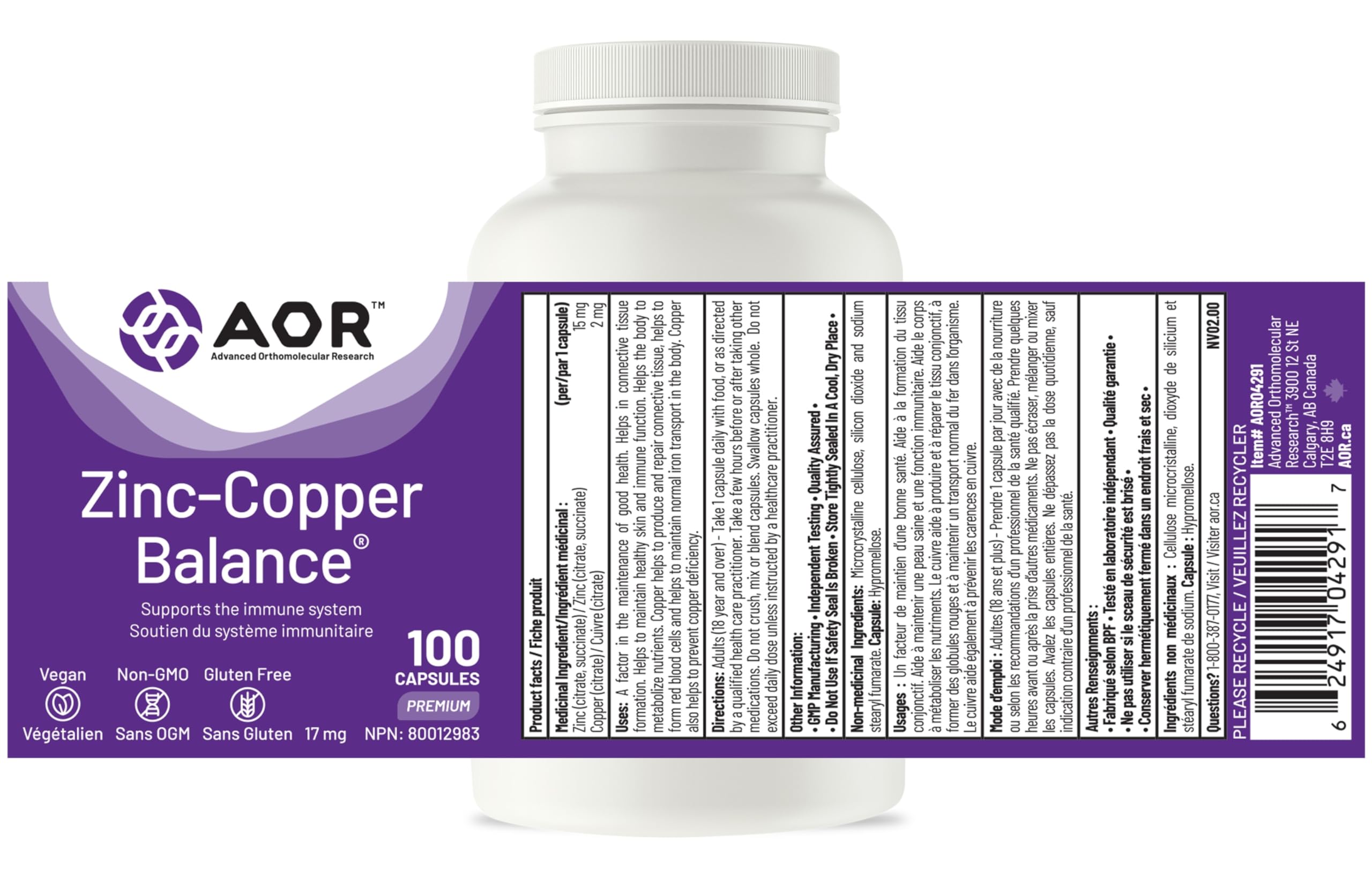 AOR Zinc Copper Balance 17mg, 100 V-Caps, 100-Day Supply - Nutrient Support for Skin, Hair, Bone & Overall Wellness, NON-GMO & Gluten-Free, Easy-to-Swallow, Zinc & Copper Supplements for Men & Women
