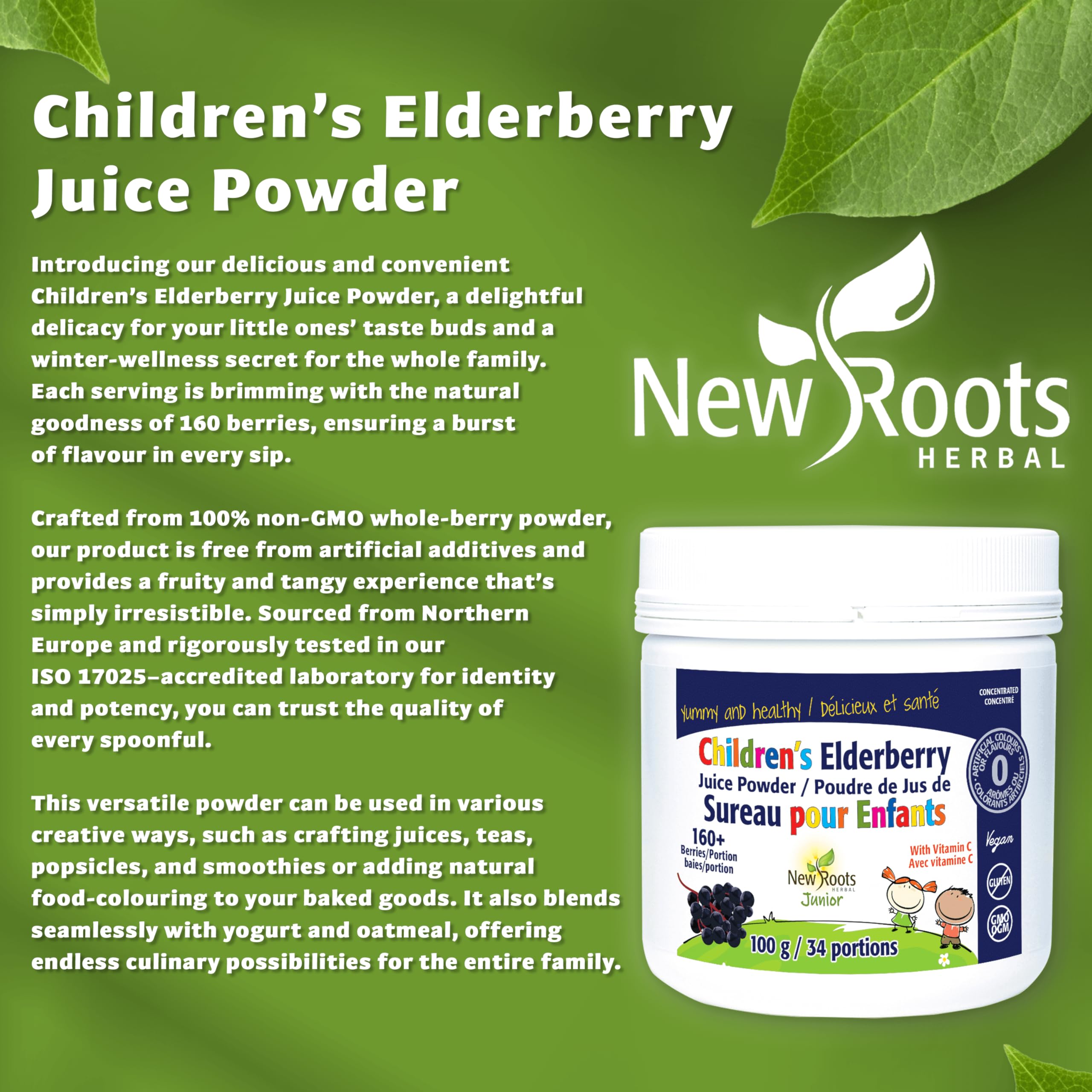 New Roots Herbal - Children's Elderberry Juice Powder with Rich in Vitamin C, 100g 34-Servings - 160+ Berries Per Portion, Pure Elderberry Supplement for Kids - Overall Wellness for Children - Vegan