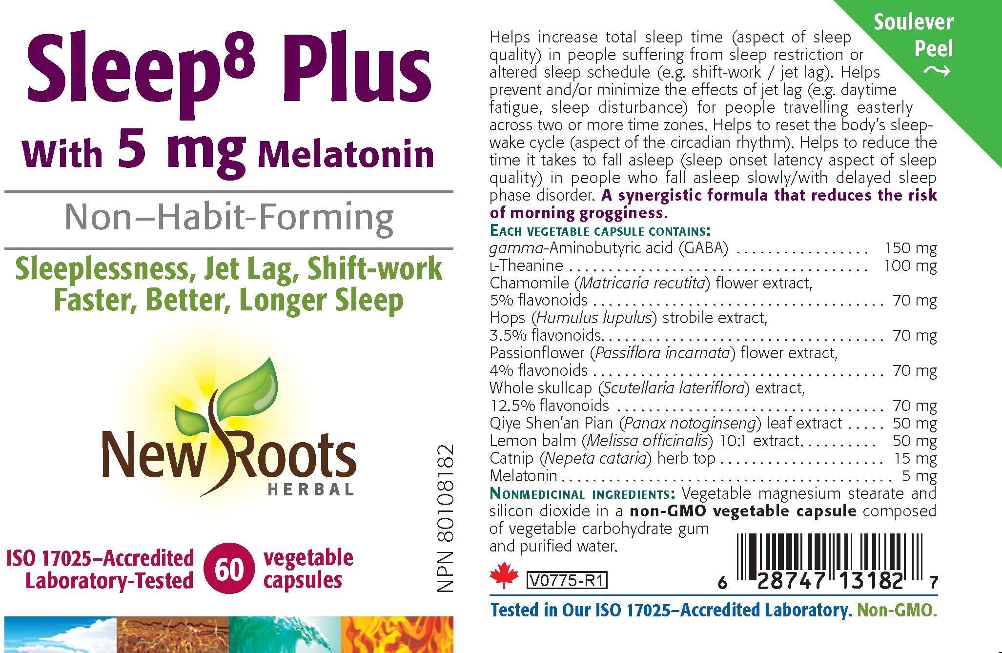New Roots Herbal Sleep™ Plus avec 5 mg de mélatonine, 60 capsules végétales, approvisionnement de 60 jours, sans OGM, sans gluten, formule à action rapide avec passiflore, favorise des nuits reposantes et la relaxation, aide au sommeil pour adultes