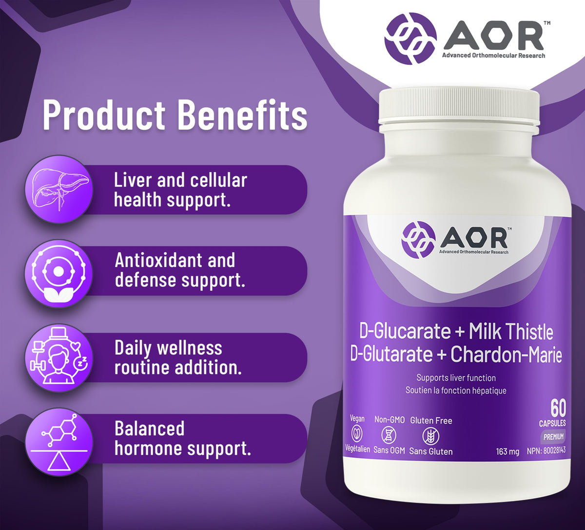 AOR Calcium D Glucarate Milk Thistle, Liver Support, 80% Silymarin, 60 Caps