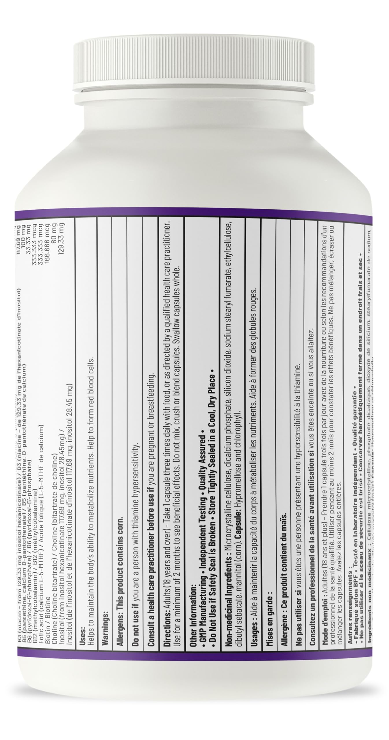 AOR Advanced B Complex Capsules, 180 capsules (approvisionnement de 60 jours) - Mélange de vitamines B à spectre complet avec B1, B2, B3, B5, B6, B12, inositol, acide folique et biotine - Végétalien, sans OGM et sans gluten - Favorise l'énergie