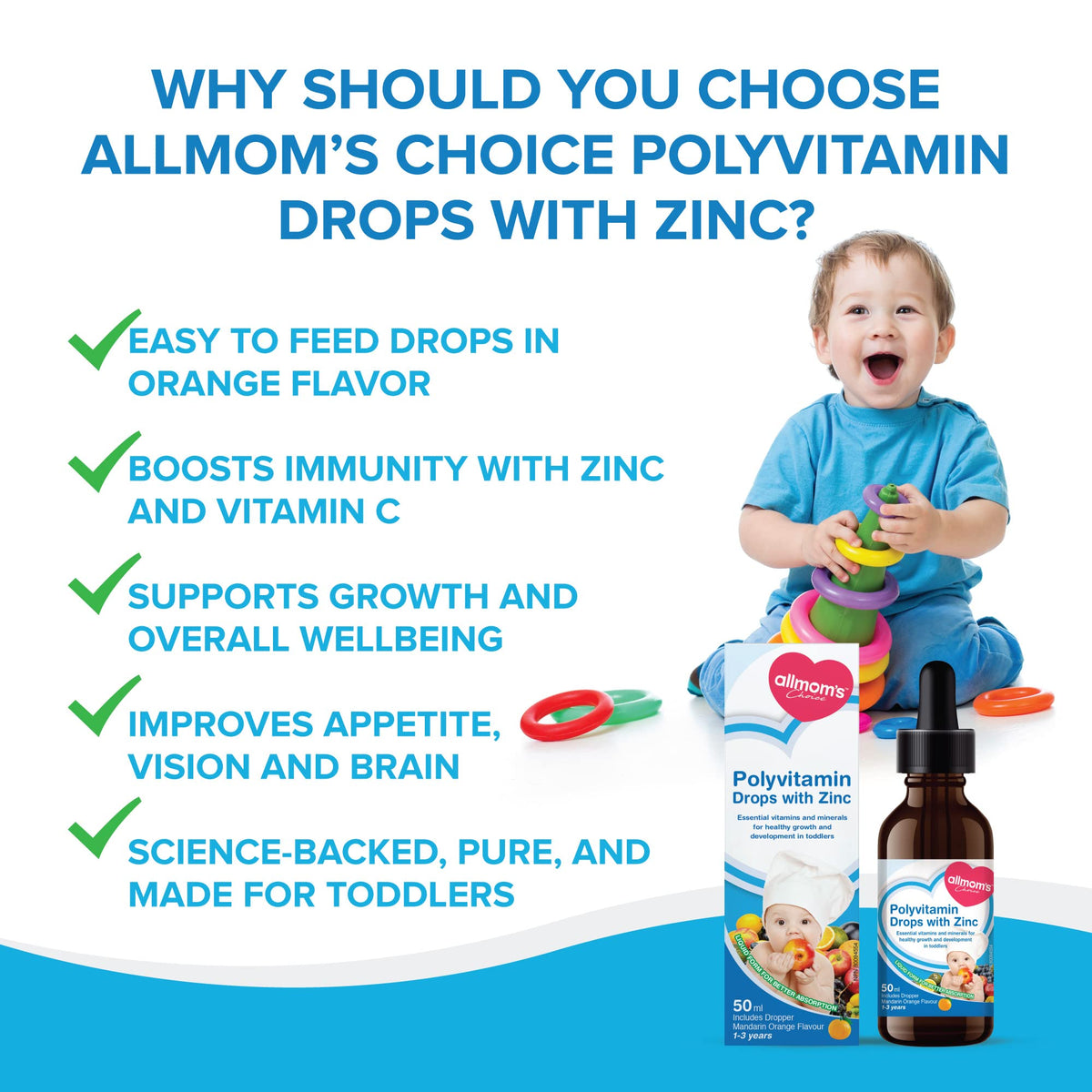 Allmoms - Polyvitamin Drops with Zinc, 50ml - 9 Essential Vitamins and Minerals for Healthy Growth and Development in Toddlers - Immunity Boost, Appetite, Vision Care and Brain Health - 1 to 3 Years